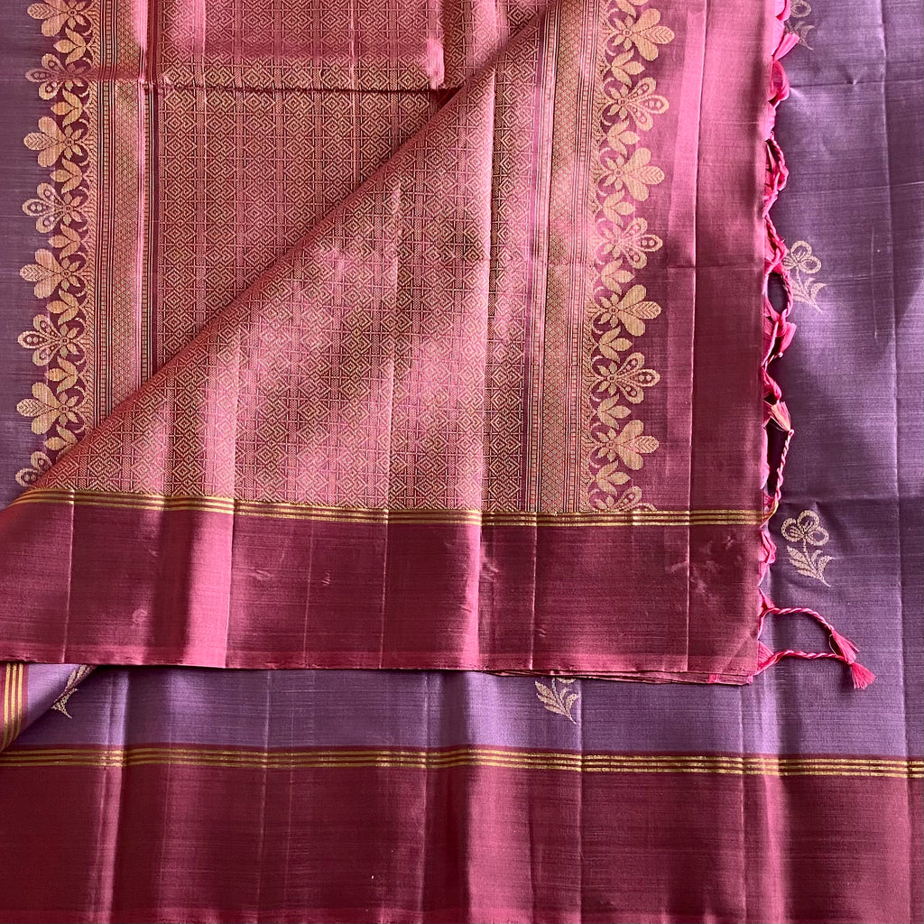 Metallic Lavender Designer Pure Silk Saree With Metallic Onion Pink