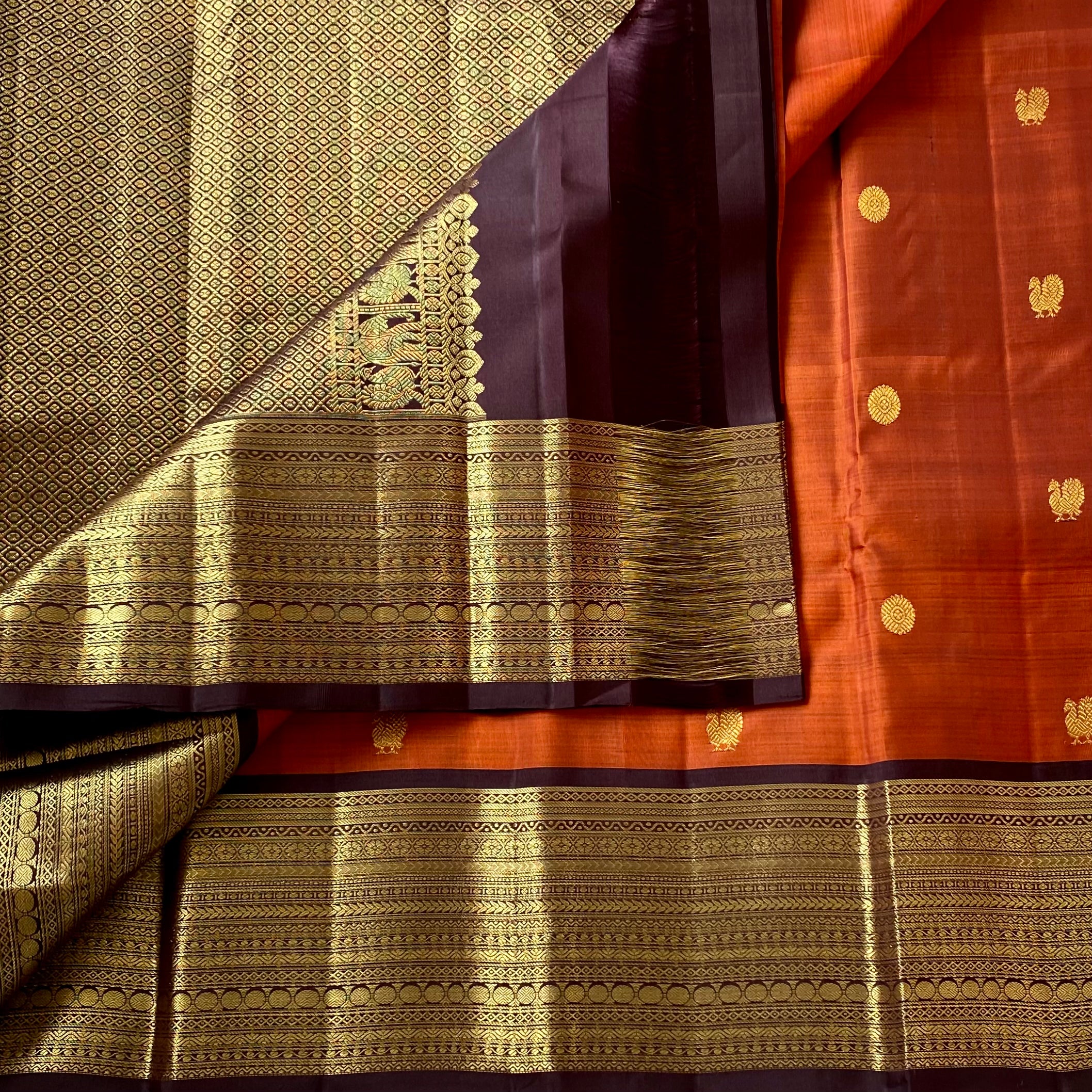 Vintage Trend Rust Orange with Deep Coffee Brown Kanjeevaram Designer Pure Silk