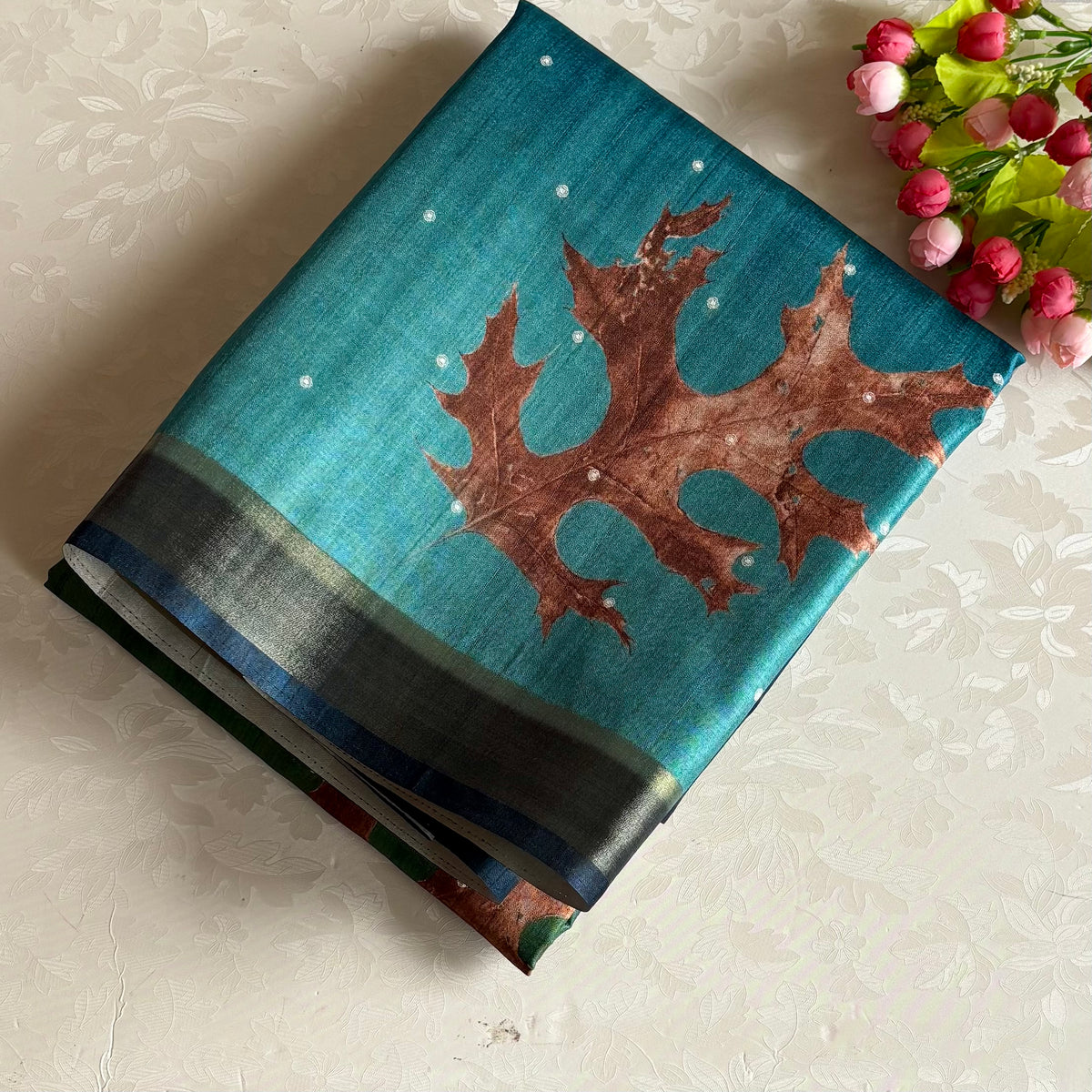 Ombre Shades of Blue & Green Soft Tussar Saree With Emerald Green Pallu