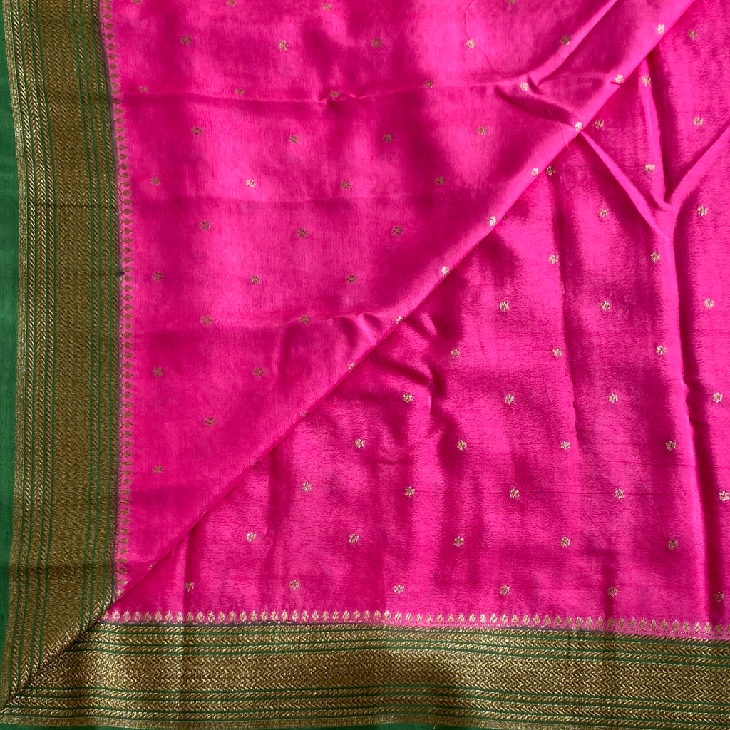 Fuchsia Pink With Emerald Green Banarasi Soft Crepe with Antique Zari