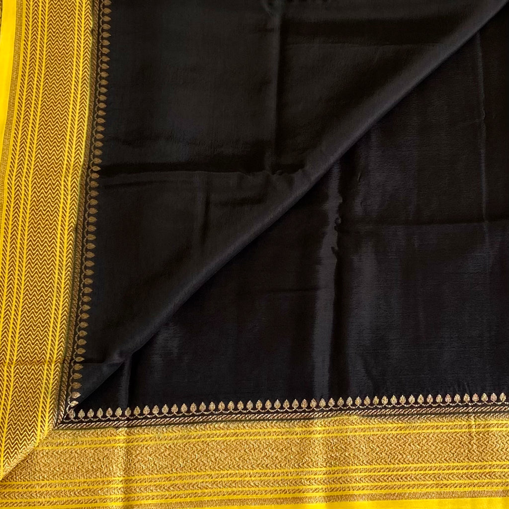 Jet Black Banarasi Crepe Silk Saree With Sunflower Yellow Pallu
