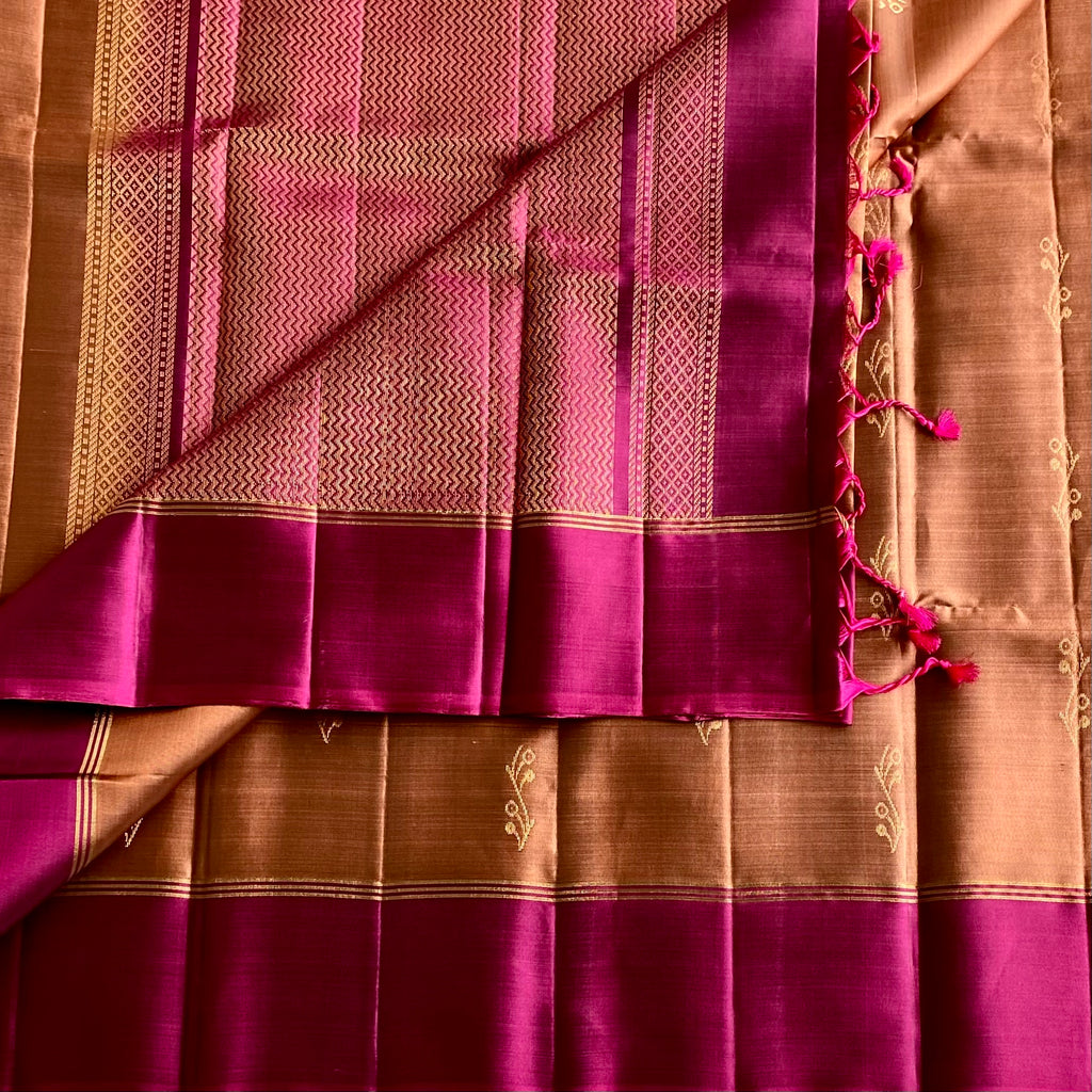 Copper Brown Designer Pure Silk Saree With Deep Magenta  Border