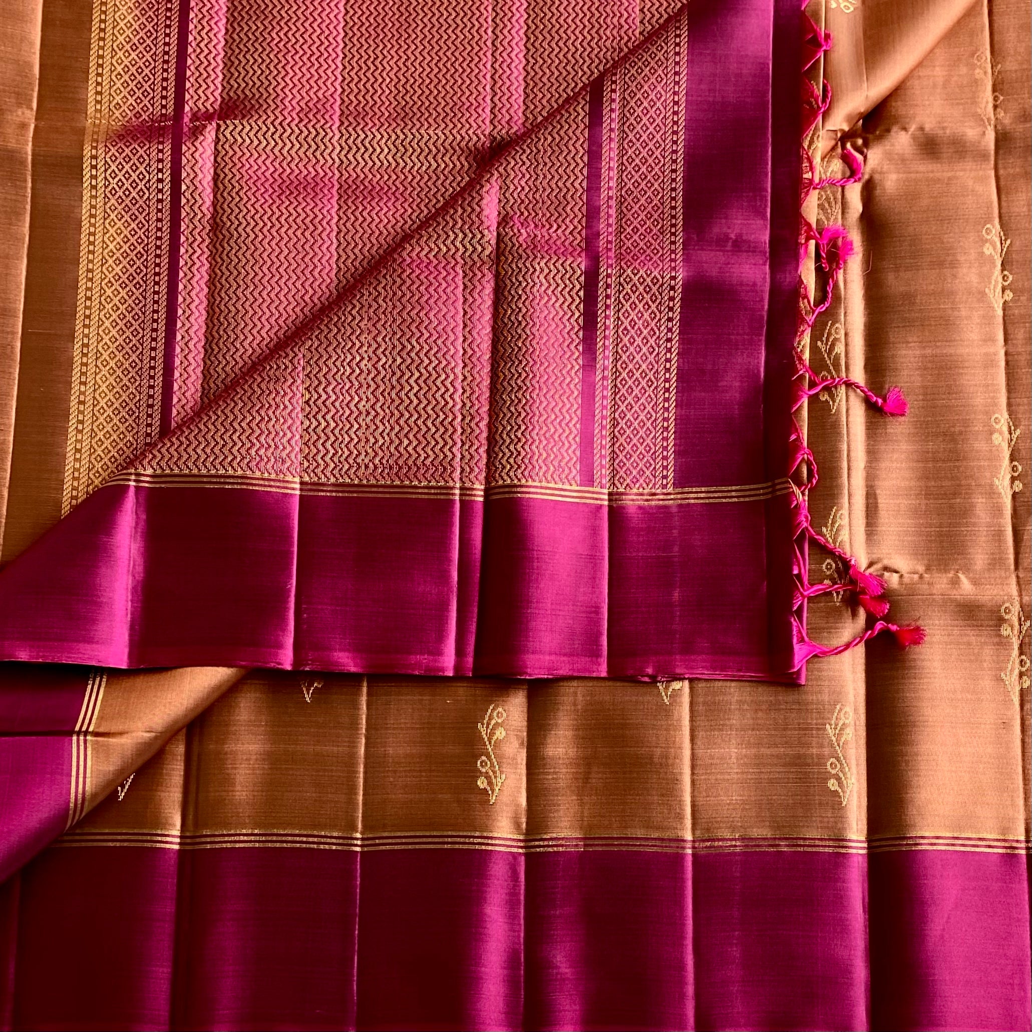 Copper Brown Designer Pure Silk Saree With Deep Magenta  Border