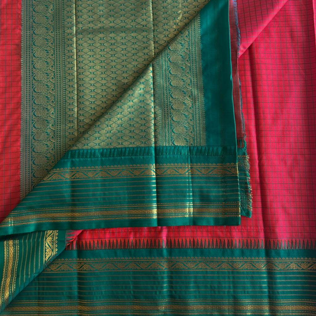 Emerald Green Silk Saree Coral Pink Checked Blouse Gold Zari