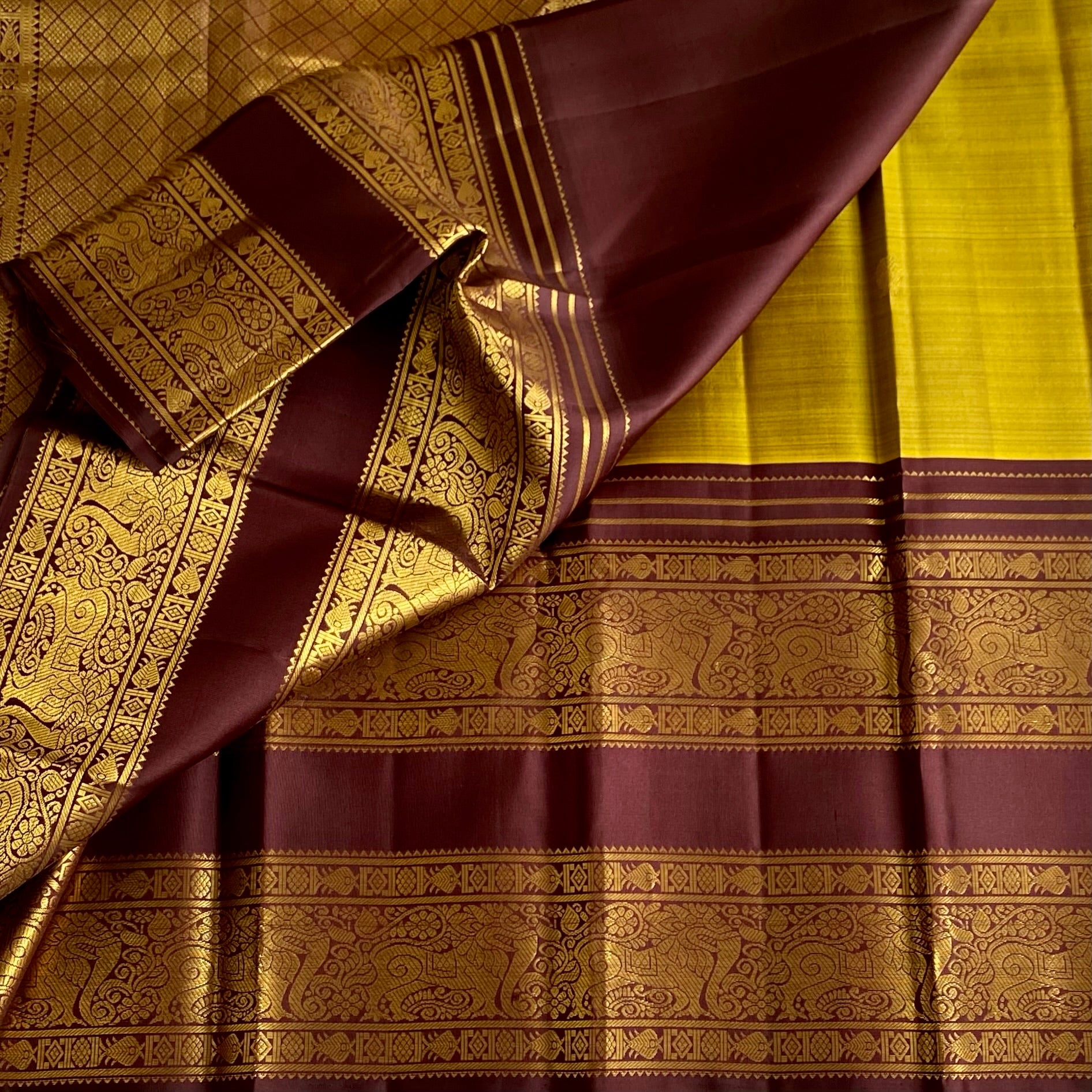 Vintage Mustard with Classic Coffee Wine Retta Pett Pure Kanjeevaram Pure Zari Silk
