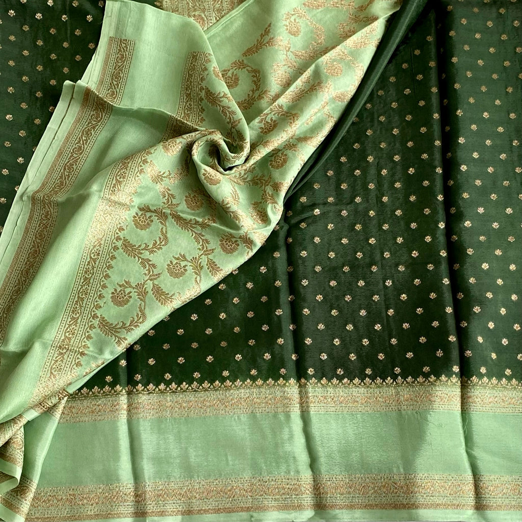 Bottle Green Banarasi Crepe Silk Saree With Mint Green Pallu