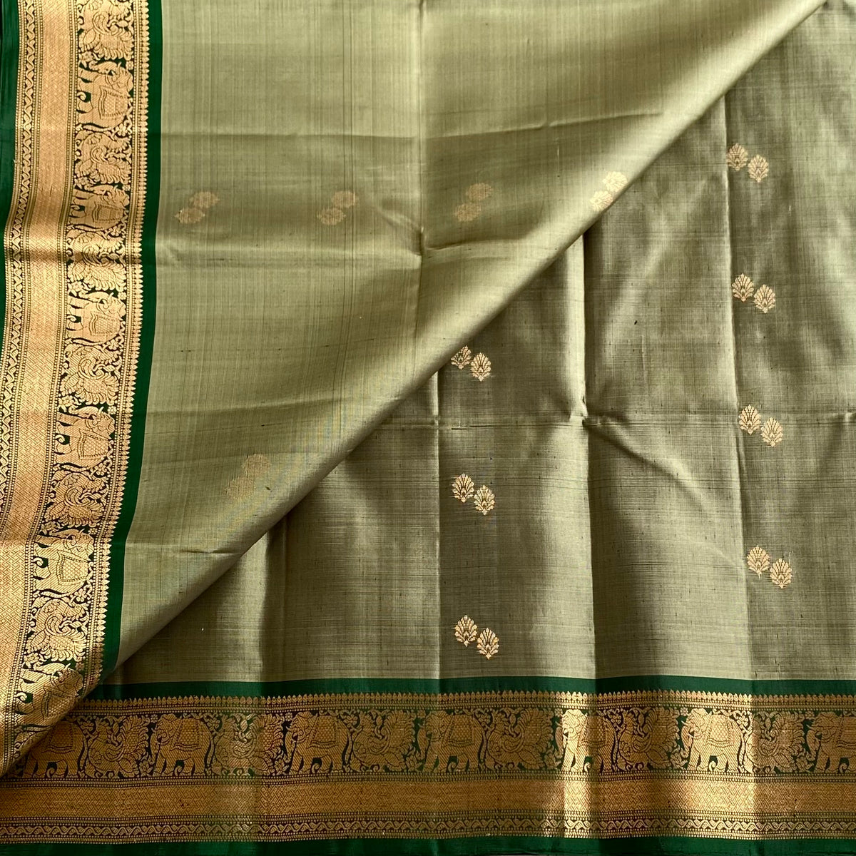Sage Green Designer Pure Silk Saree With Emerald Green Pallu