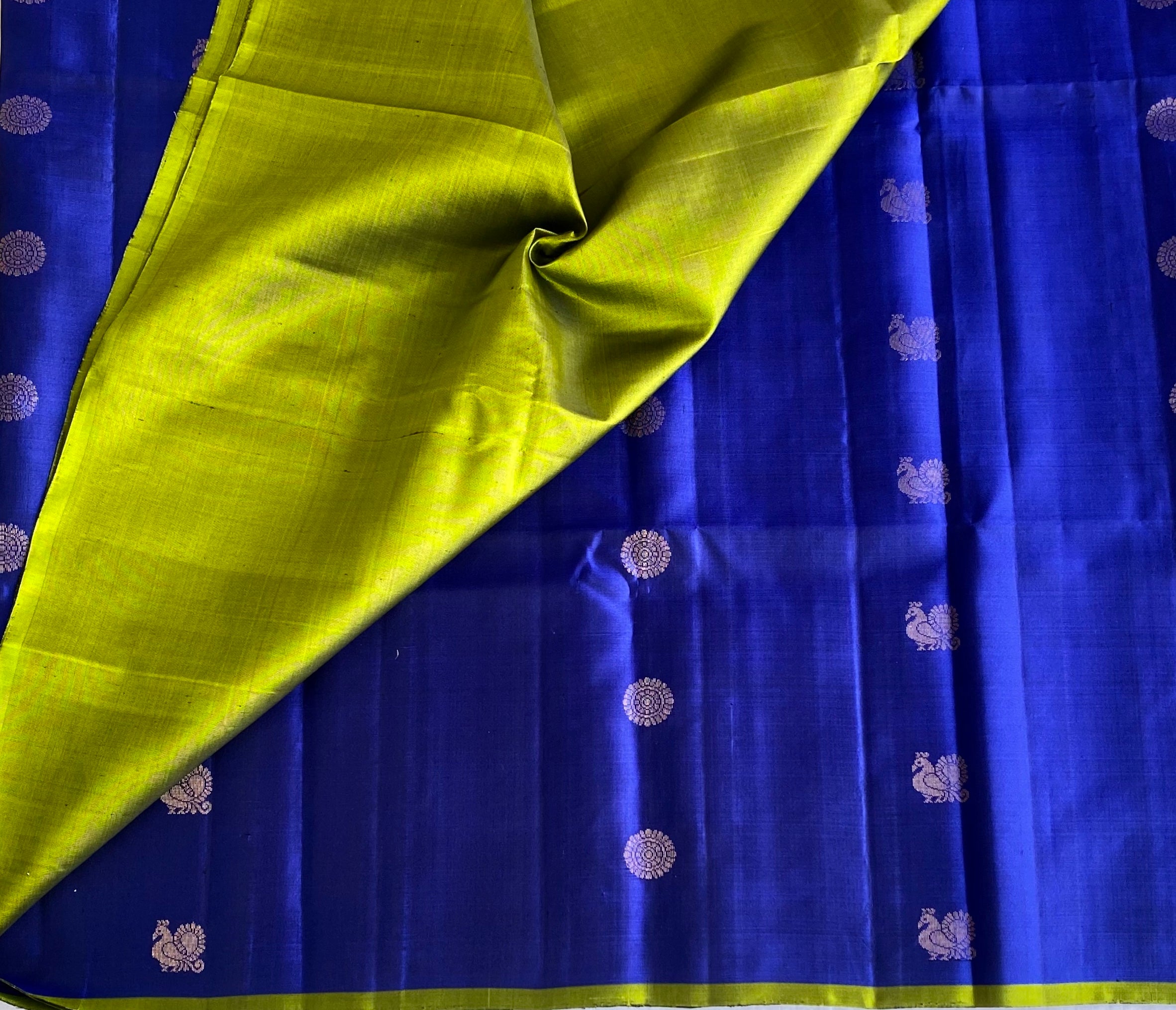 Royal Blue Designer Pure Silk Saree With Lime Green Pallu