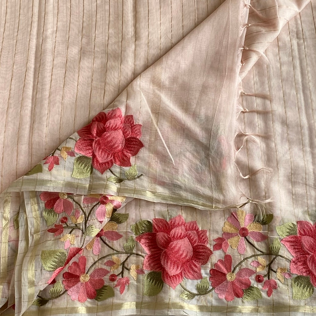 Blush Pink Soft Tussar Silk Saree With Coral Pink Embroidery