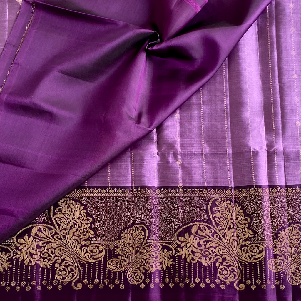 Metallic Lavender Designer Pure Silk Saree With Deep Plum Pallu