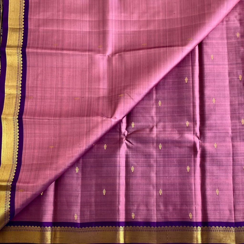 Metallic Mauve Kanjeevaram Pure Zari Silk Saree With Royal Purple Pallu