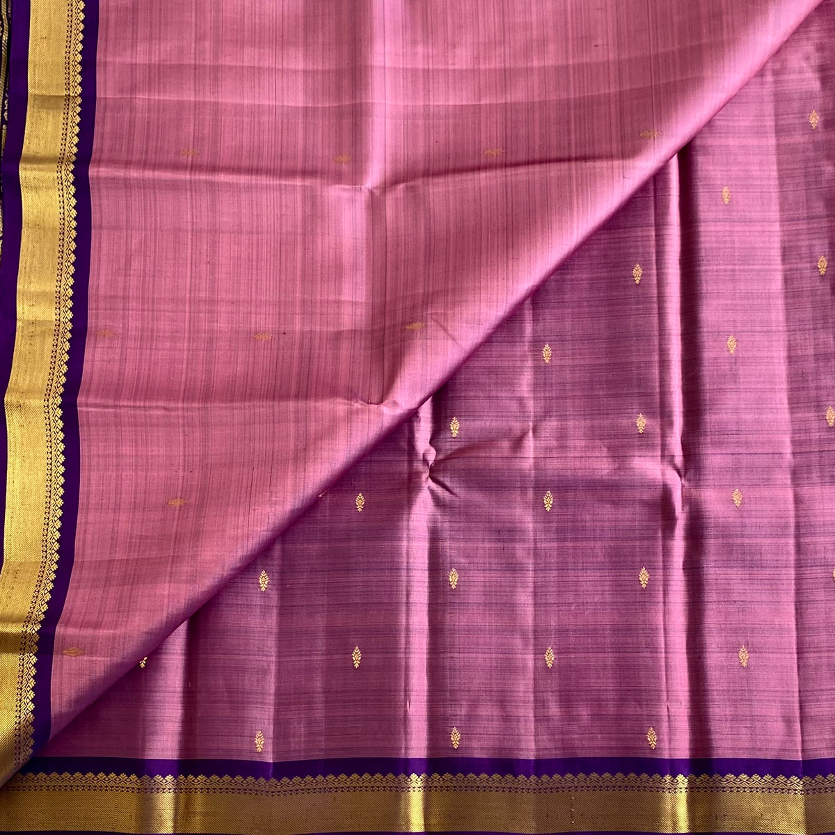 Metallic Mauve Kanjeevaram Pure Zari Silk Saree With Royal Purple Pallu
