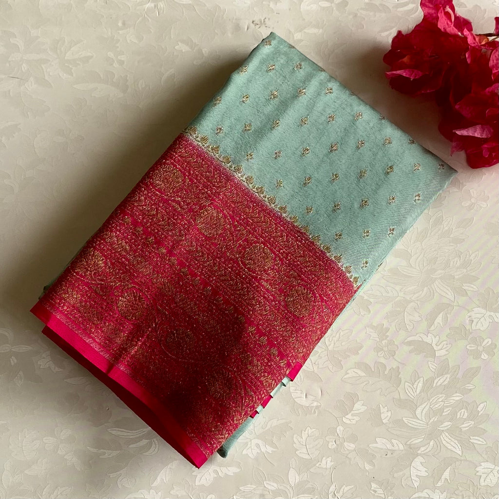 Mint Green Banarasi Crepe Silk Saree With Rani Pink Contrast Panel