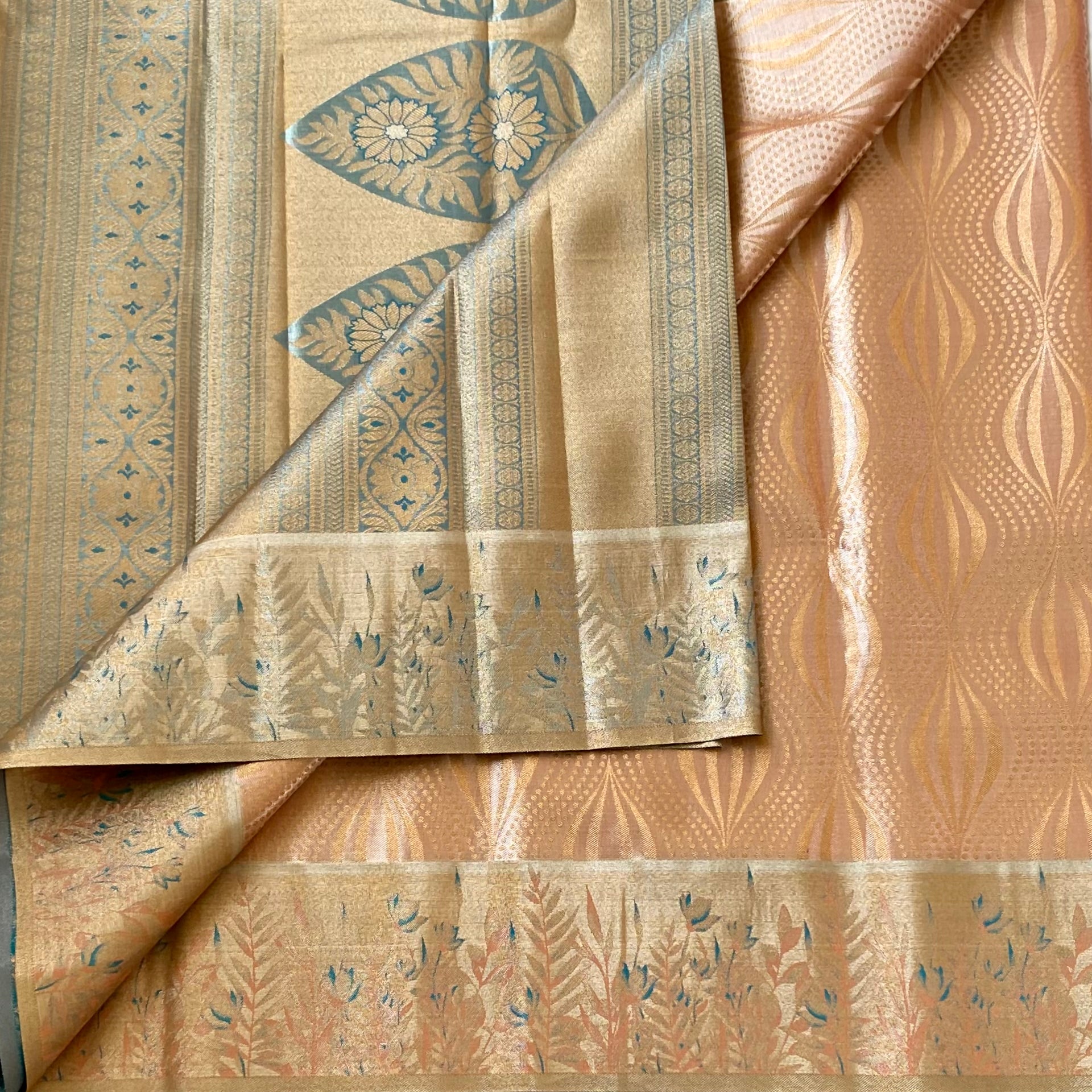 Blush Peach Brocade Saree Champagne Beige Pallu Silver Zari Floral