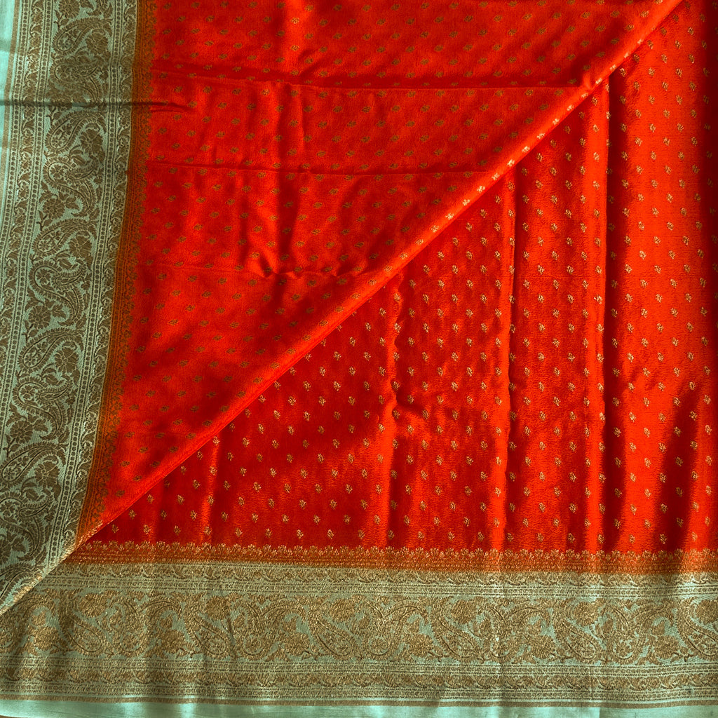 Sunset Orange with aqua blue soft crepe Banarasi with buttas