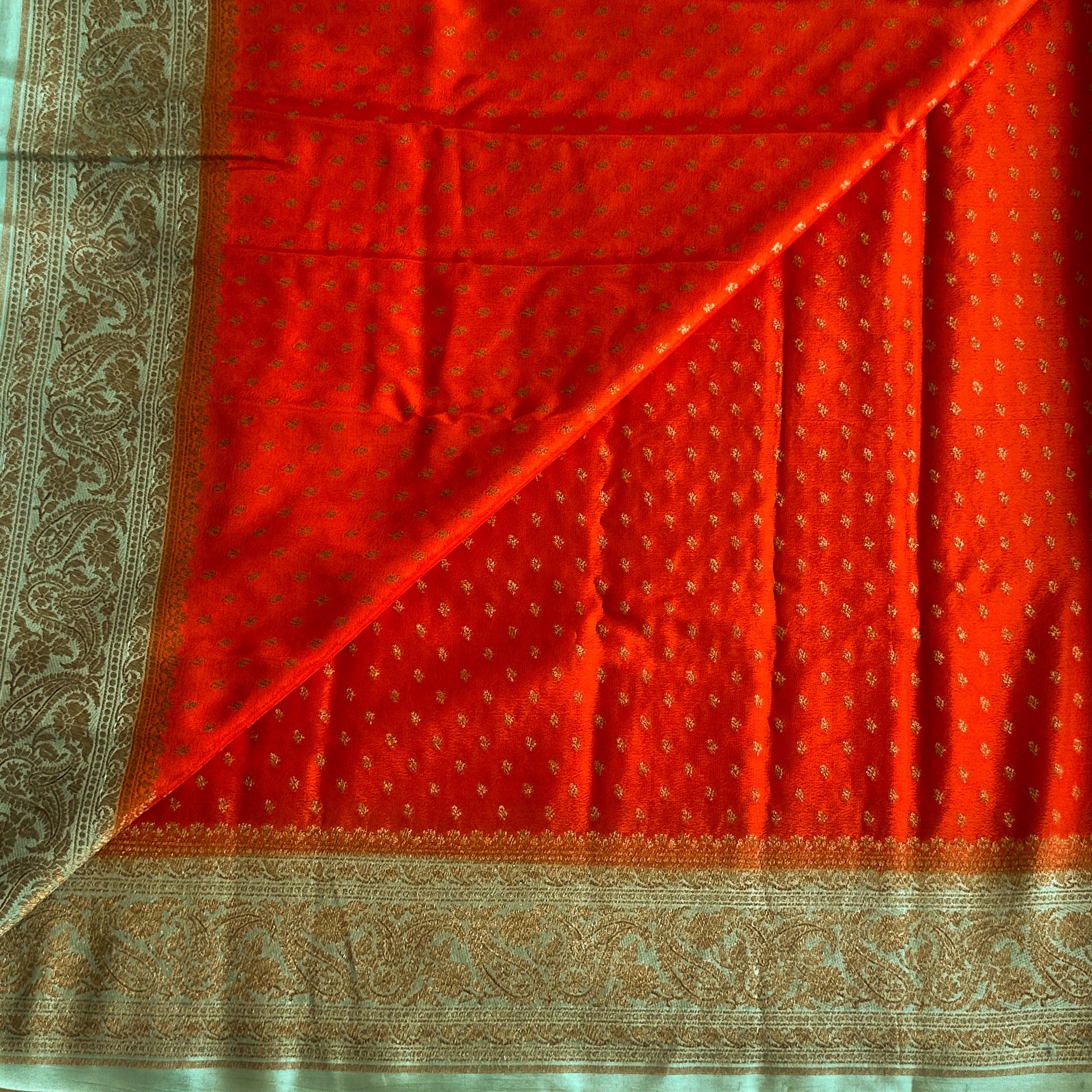 Sunset Orange with aqua blue soft crepe Banarasi with buttas
