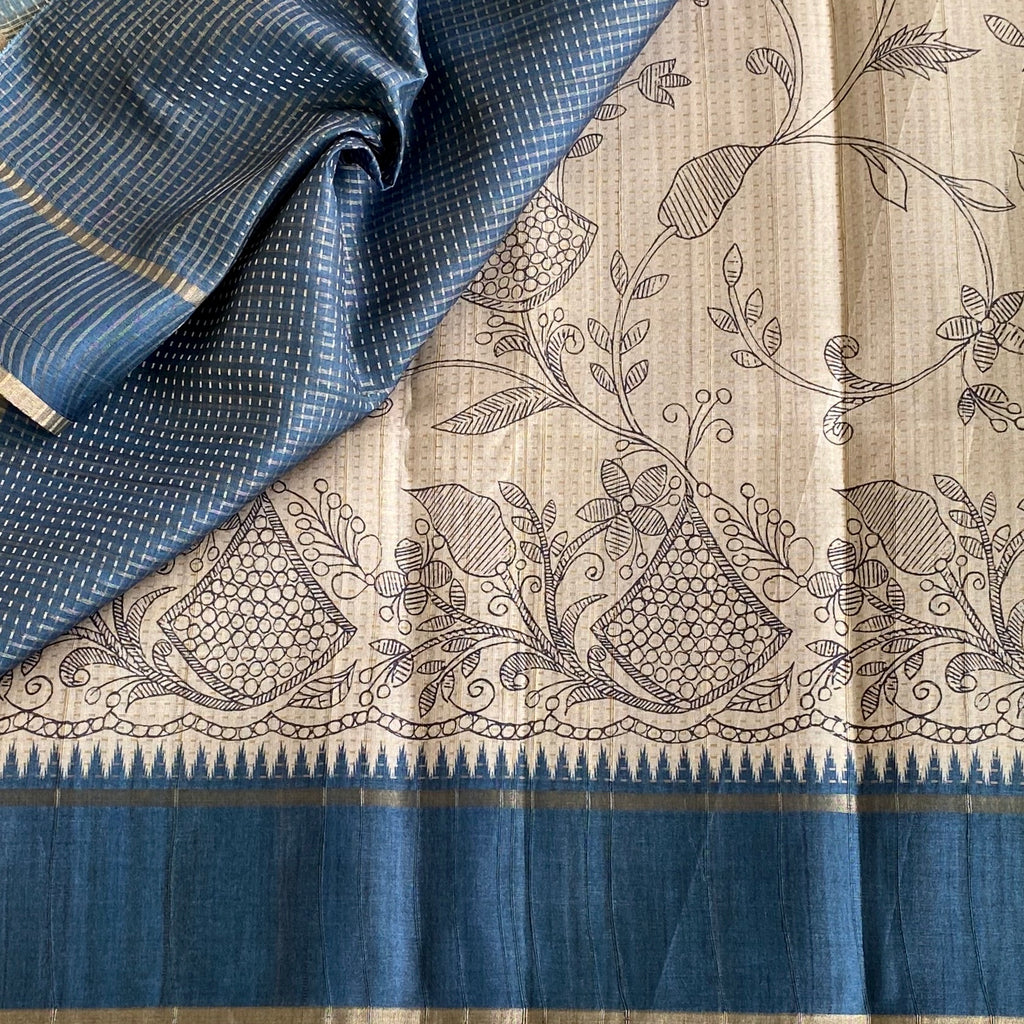 Warm Beige Soft Tussar Silk Saree With Deep Denim Contrast