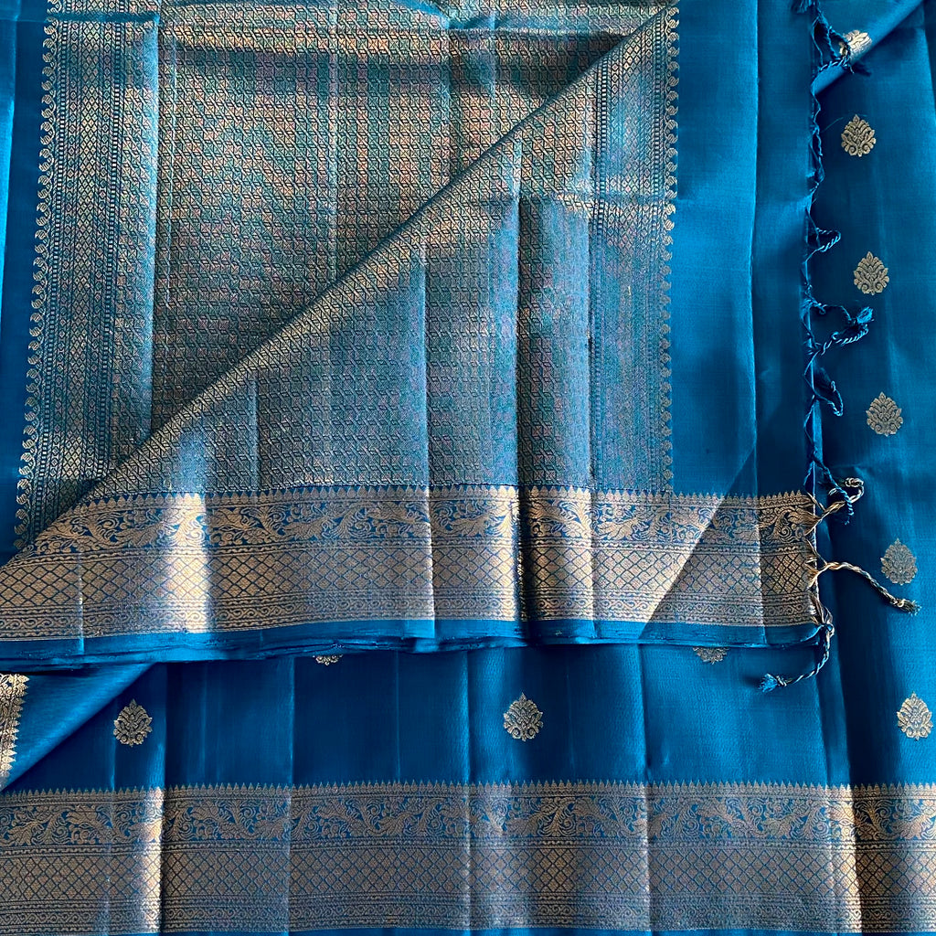 Teal Blue Designer Pure Silk Saree With Silver Brocade Pallu