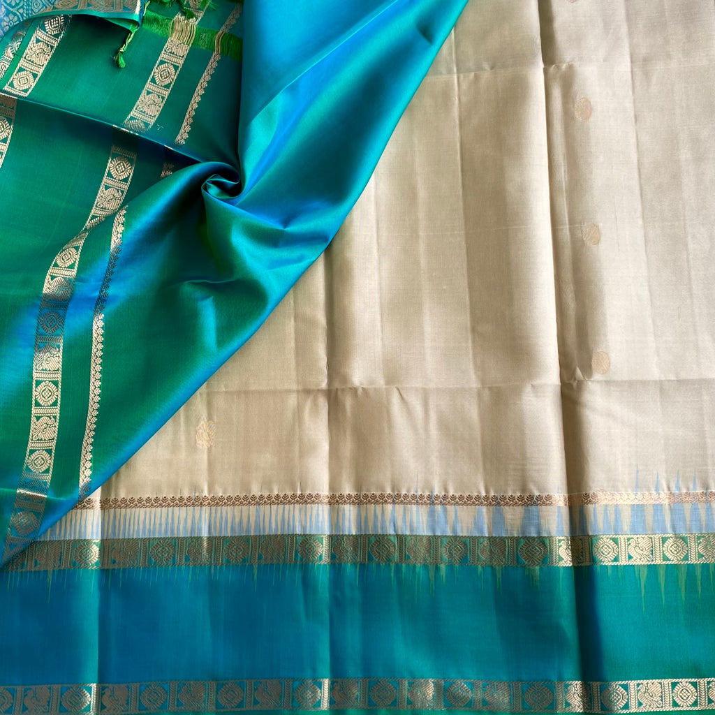 Ivory Pearl Designer Pure Silk Saree With Peacock Blue Pallu