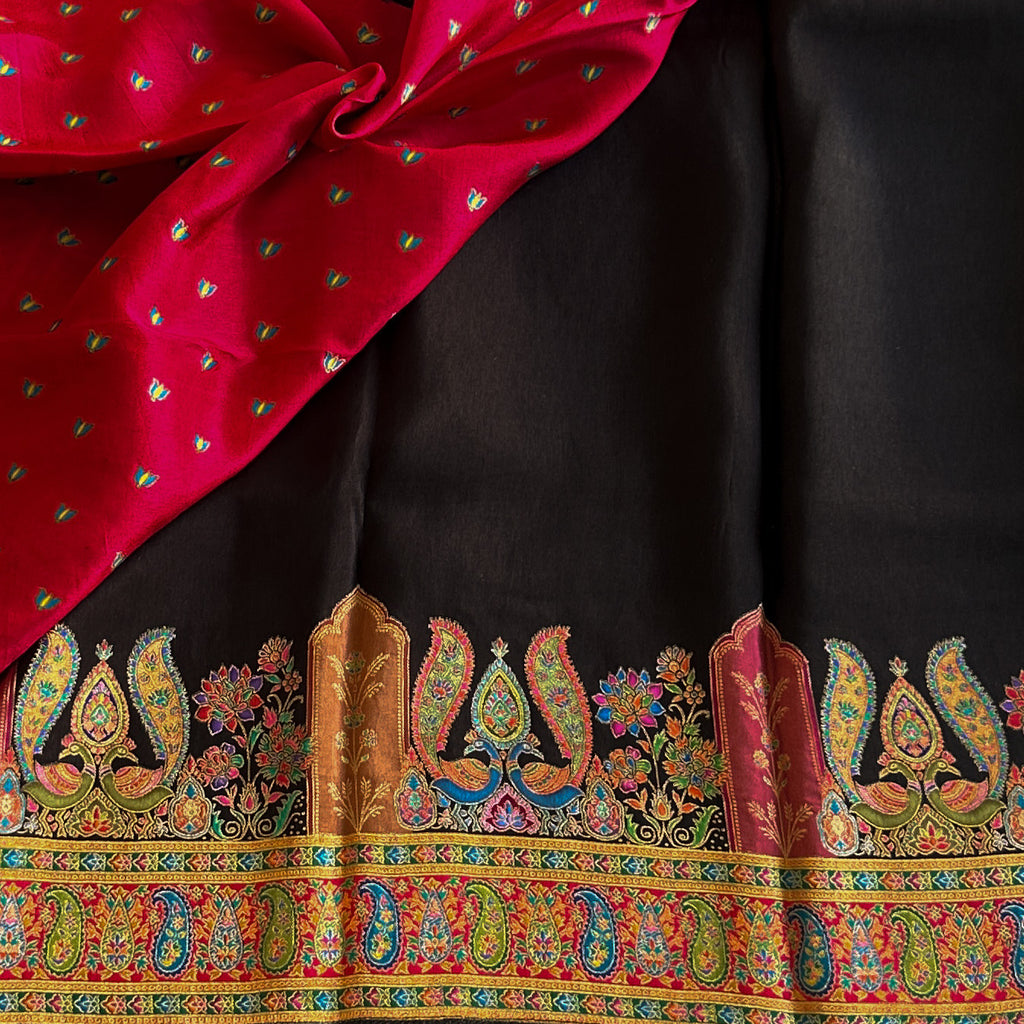 Black Silk Saree with Vibrant Paisley Border and Gold Zari