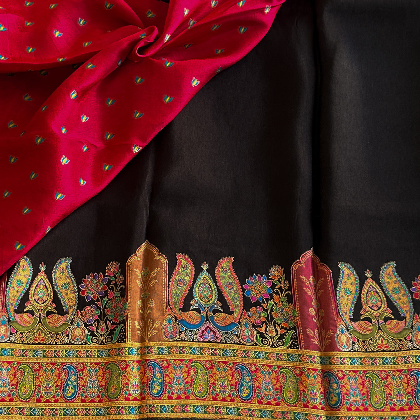 Black Silk Saree with Vibrant Paisley Border and Gold Zari