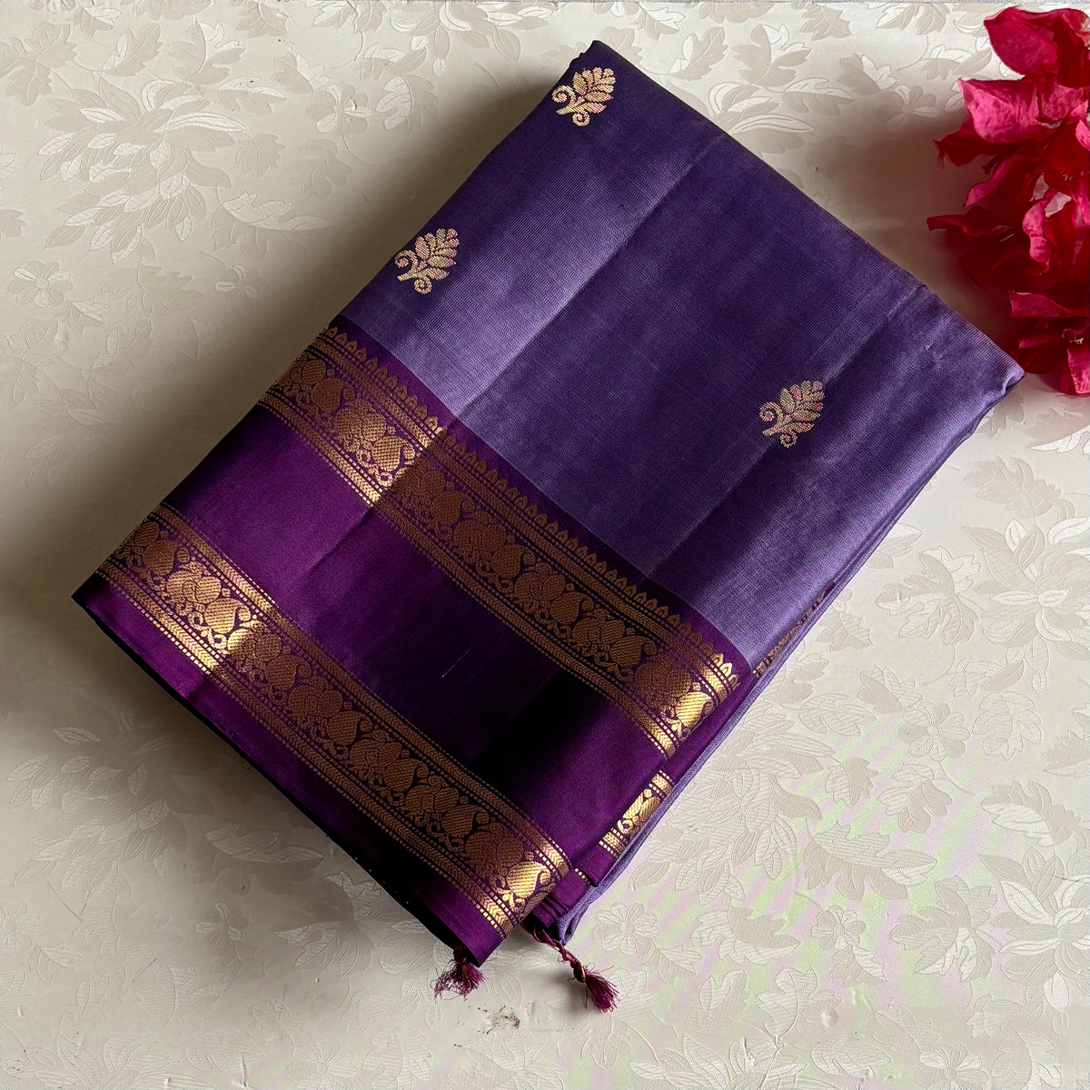 Metallic Lavender Designer Pure Silk Saree With Violet Purple Pallu