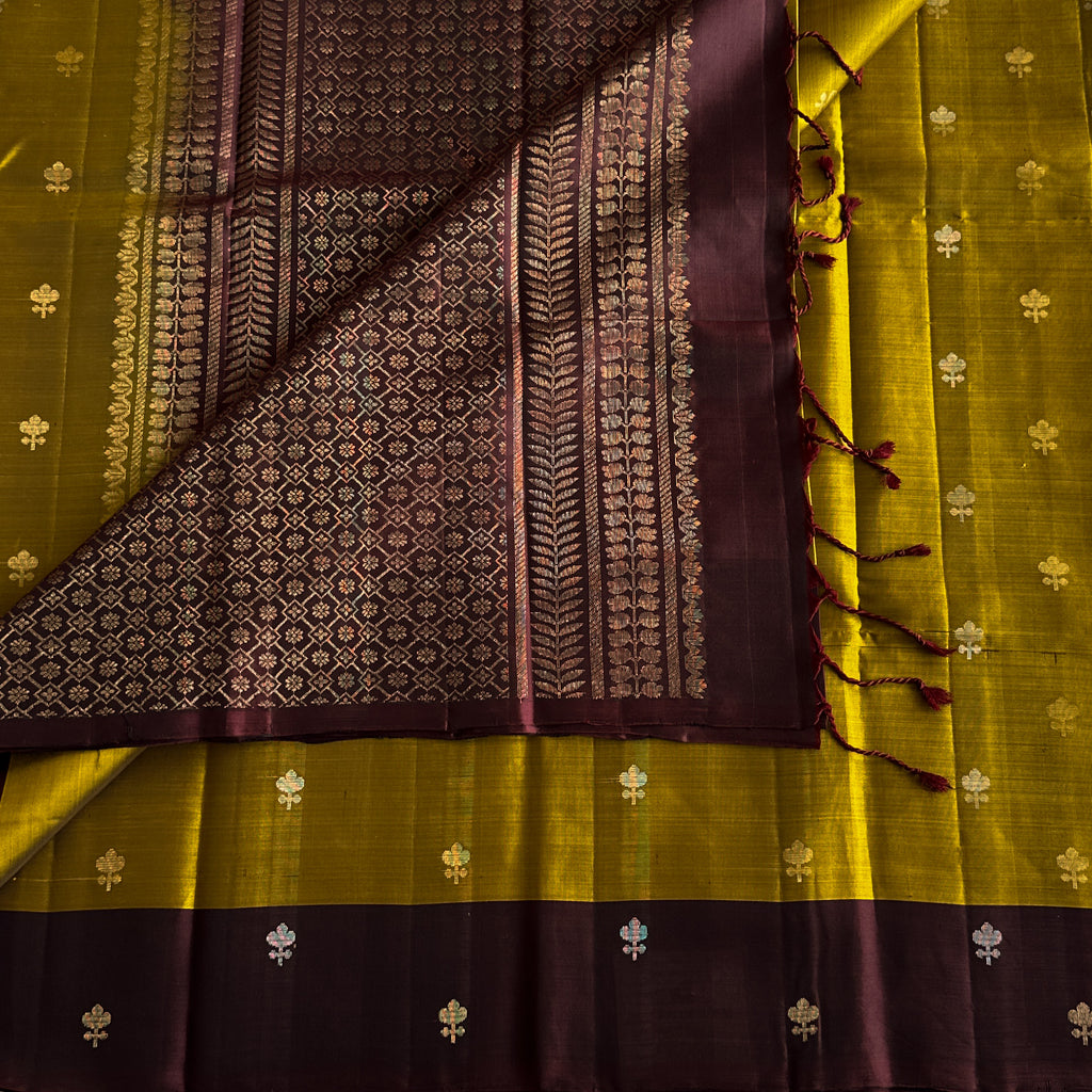 Maroon Mustard Silk Saree Gold Zari Woven Pallu Border Traditional