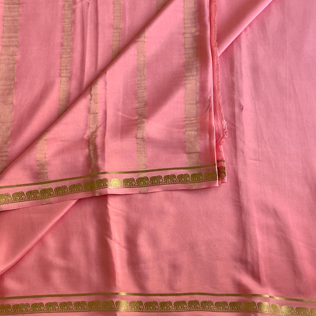 Light Rose Pink Mysore Crepe Silk Saree With Gold Elephant Border