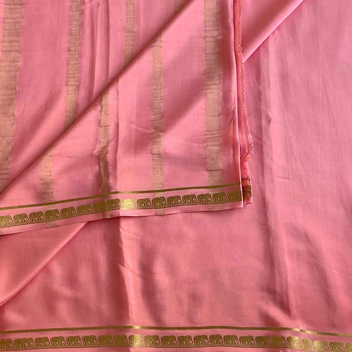 Light Rose Pink Mysore Crepe Silk Saree With Gold Elephant Border