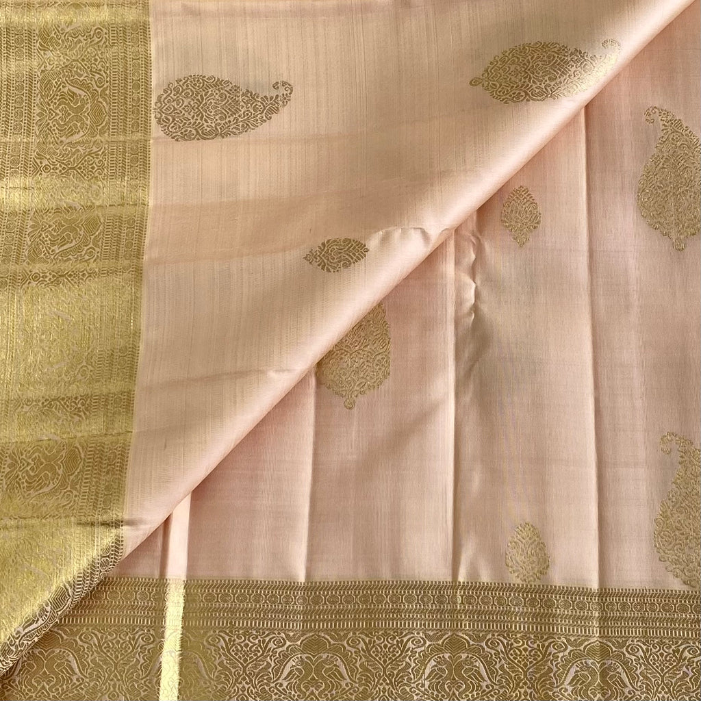 Blush Ivory Pearl Kanjeevaram Pure Zari Silk With Metallic Gold Border