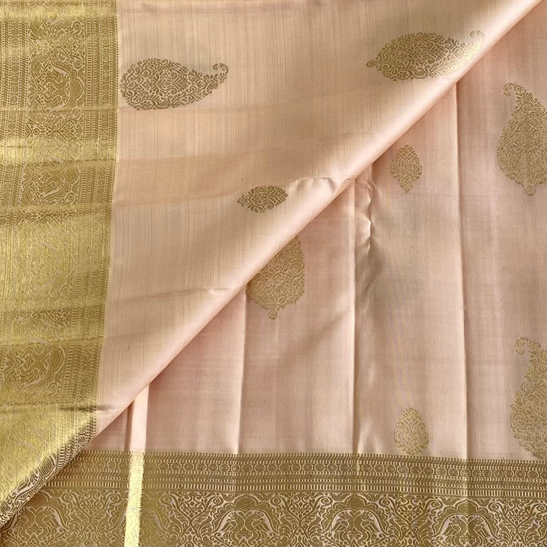 Blush Ivory Pearl Kanjeevaram Pure Zari Silk With Metallic Gold Border