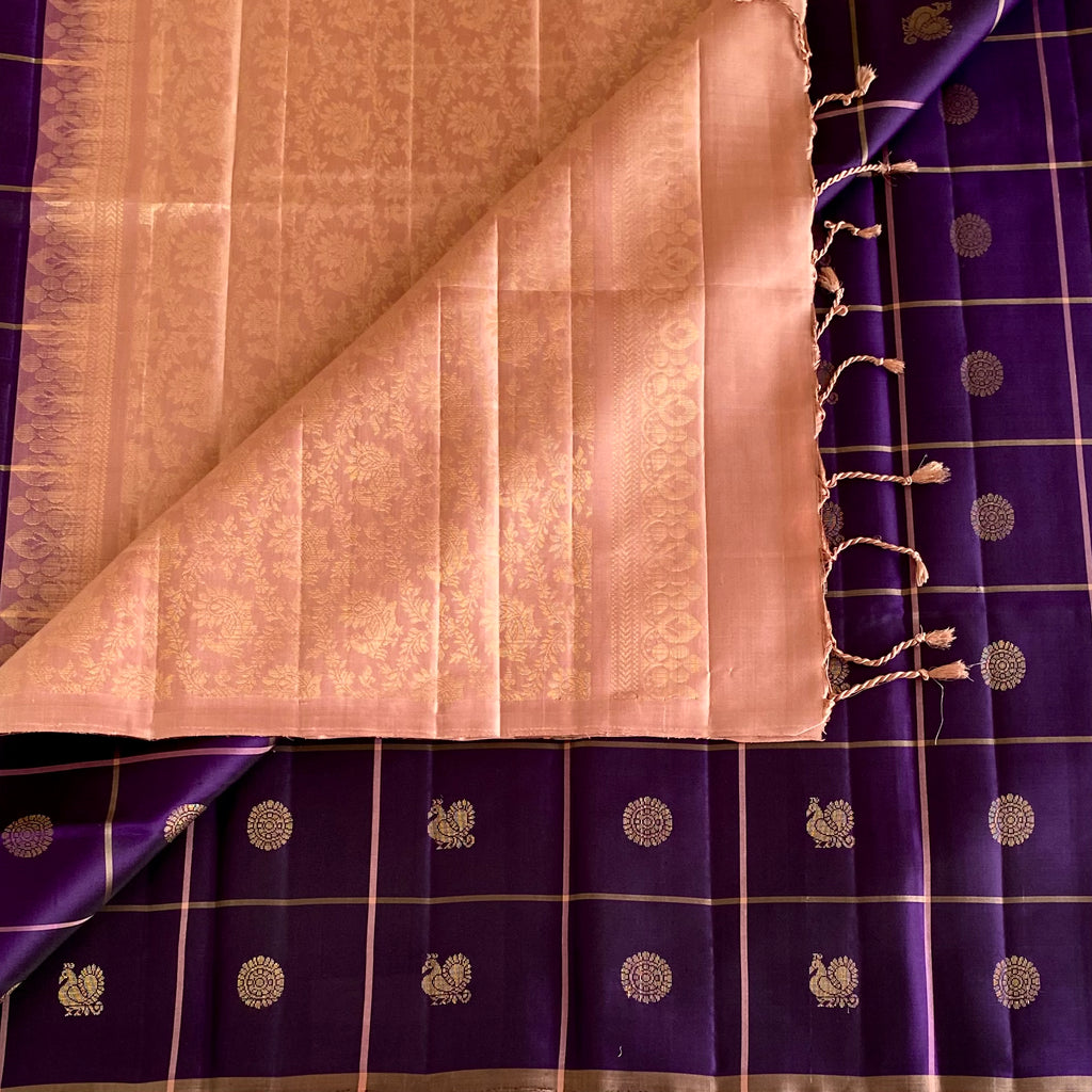 Deep Purple And Peach Pink Designer Pure Silk Saree With Gold Buttas