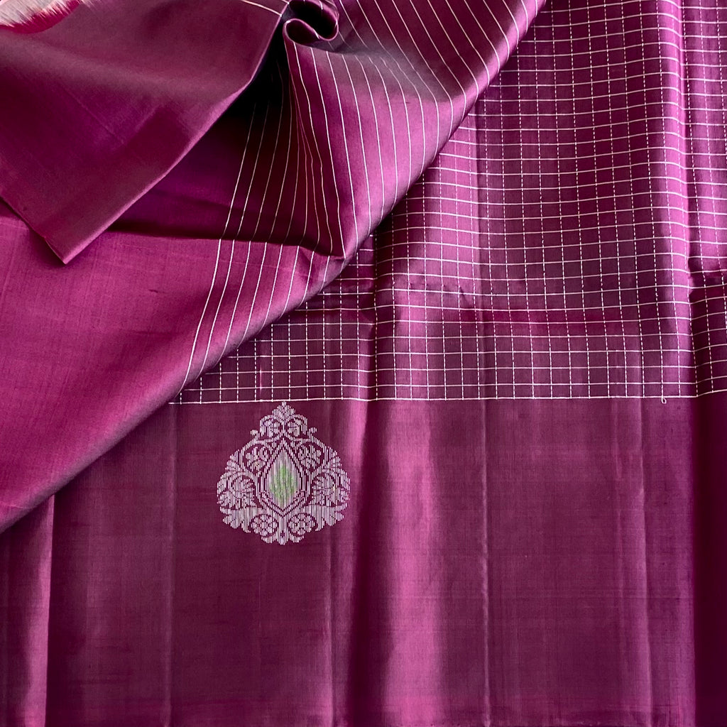 Burgundy Designer Pure Silk Checkered With Antique silver Motifs