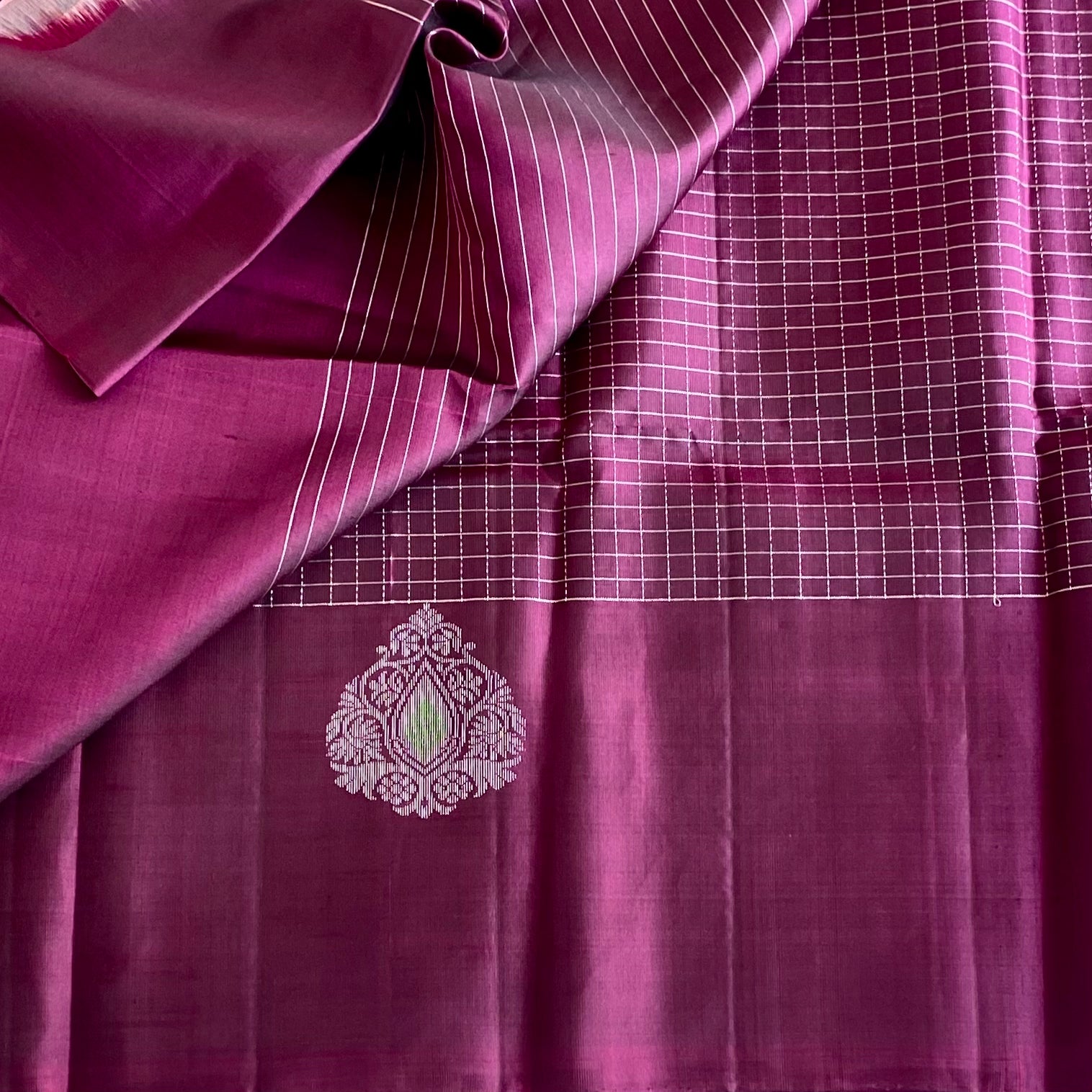 Burgundy Designer Pure Silk Checkered With Antique silver Motifs
