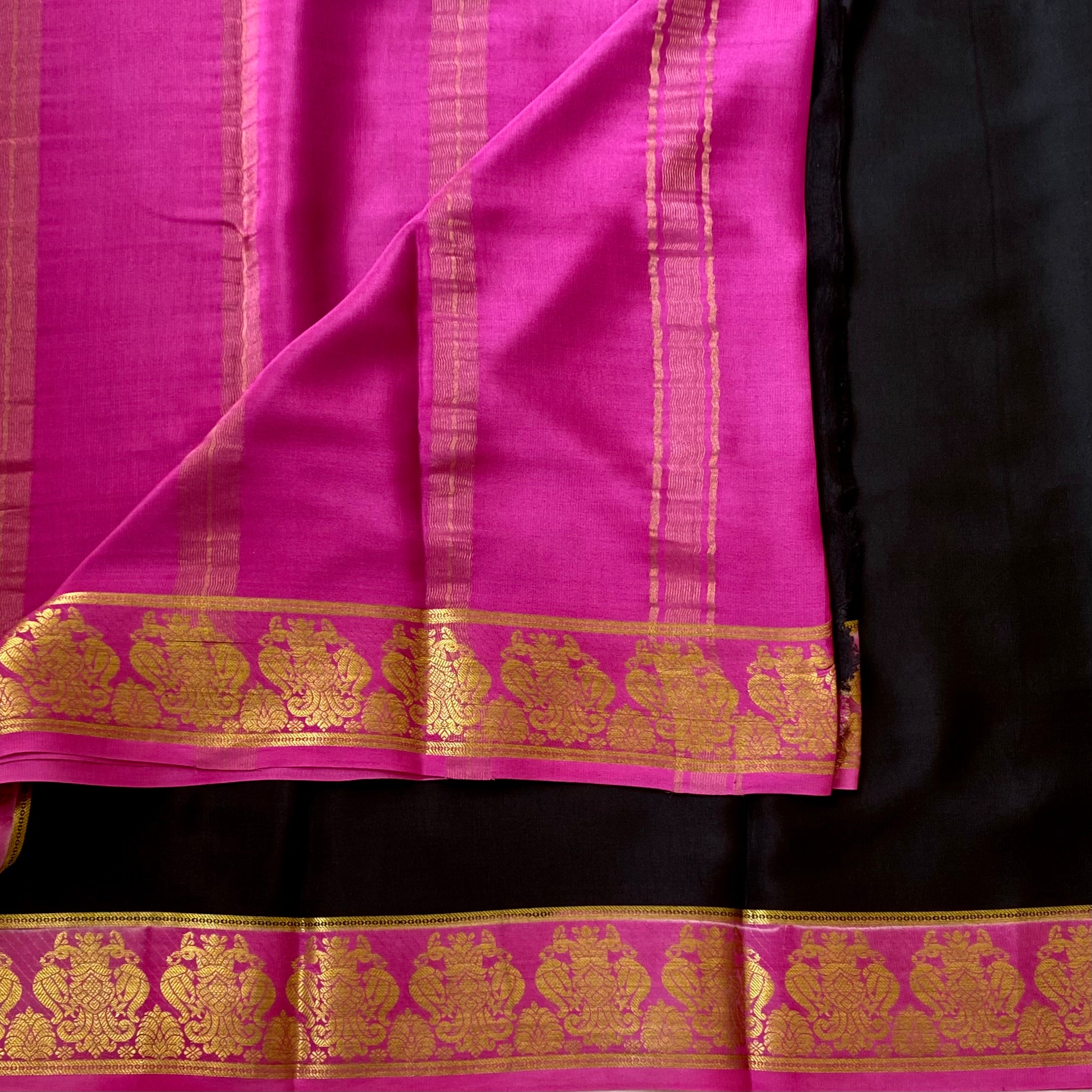 Jet Black Saree Magenta Border Gold Zari Festive Traditional Wear
