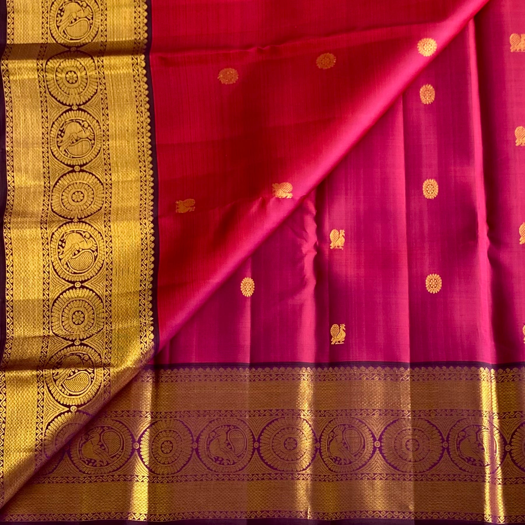 Raspberry Pink With Royal Wine Purple Designer Kanjeevaram Pure Zari Silk