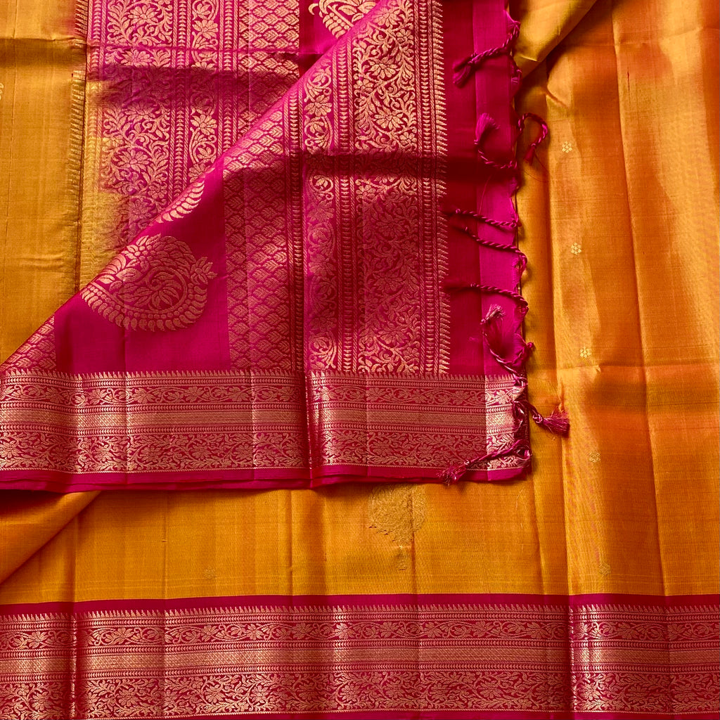 Sunset Yellow Designer Pure Silk Saree Magenta Pink Zari Border