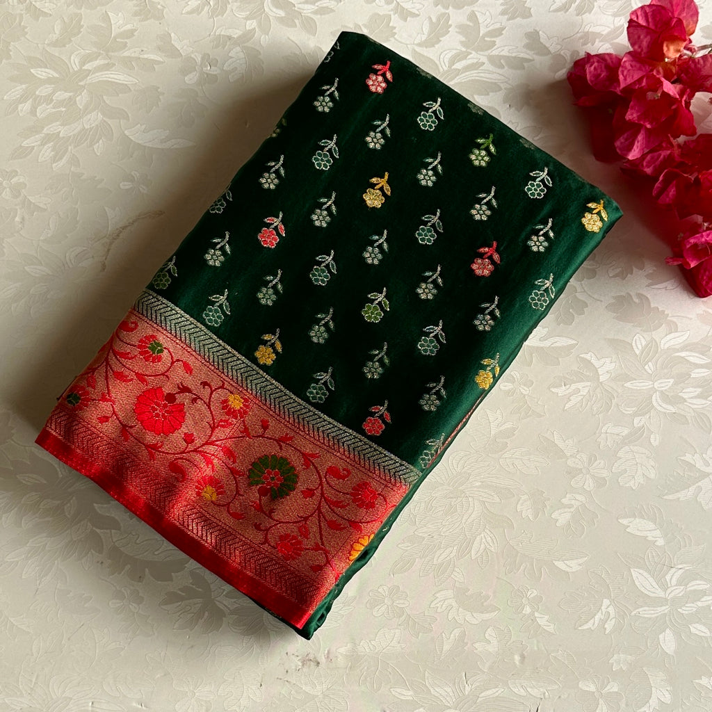 Crimson Fuchsia Paisley Silk Saree Forest Green Floral Border Elegant