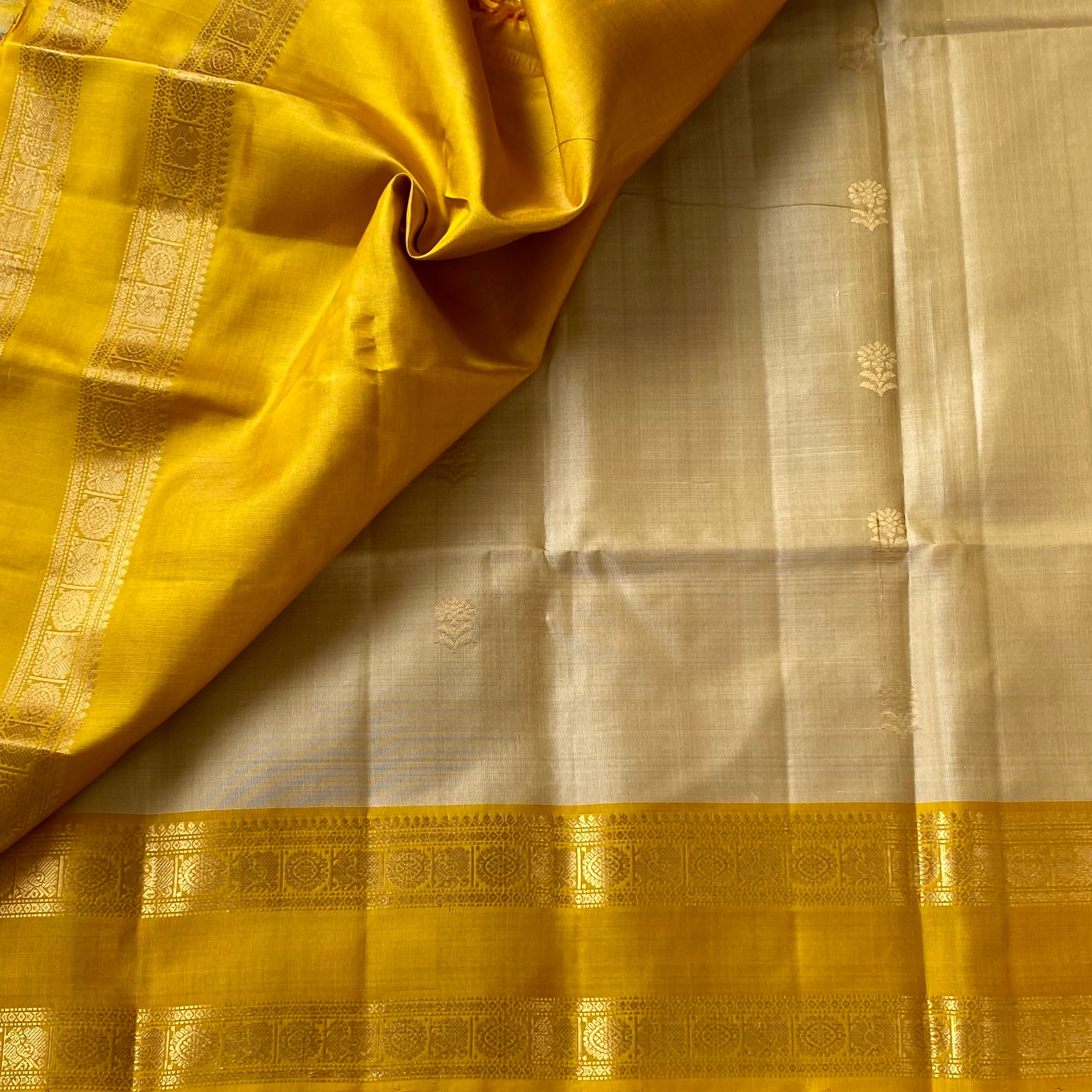 Golden Yellow Silk Saree with Ivory Pallu and Zari Border