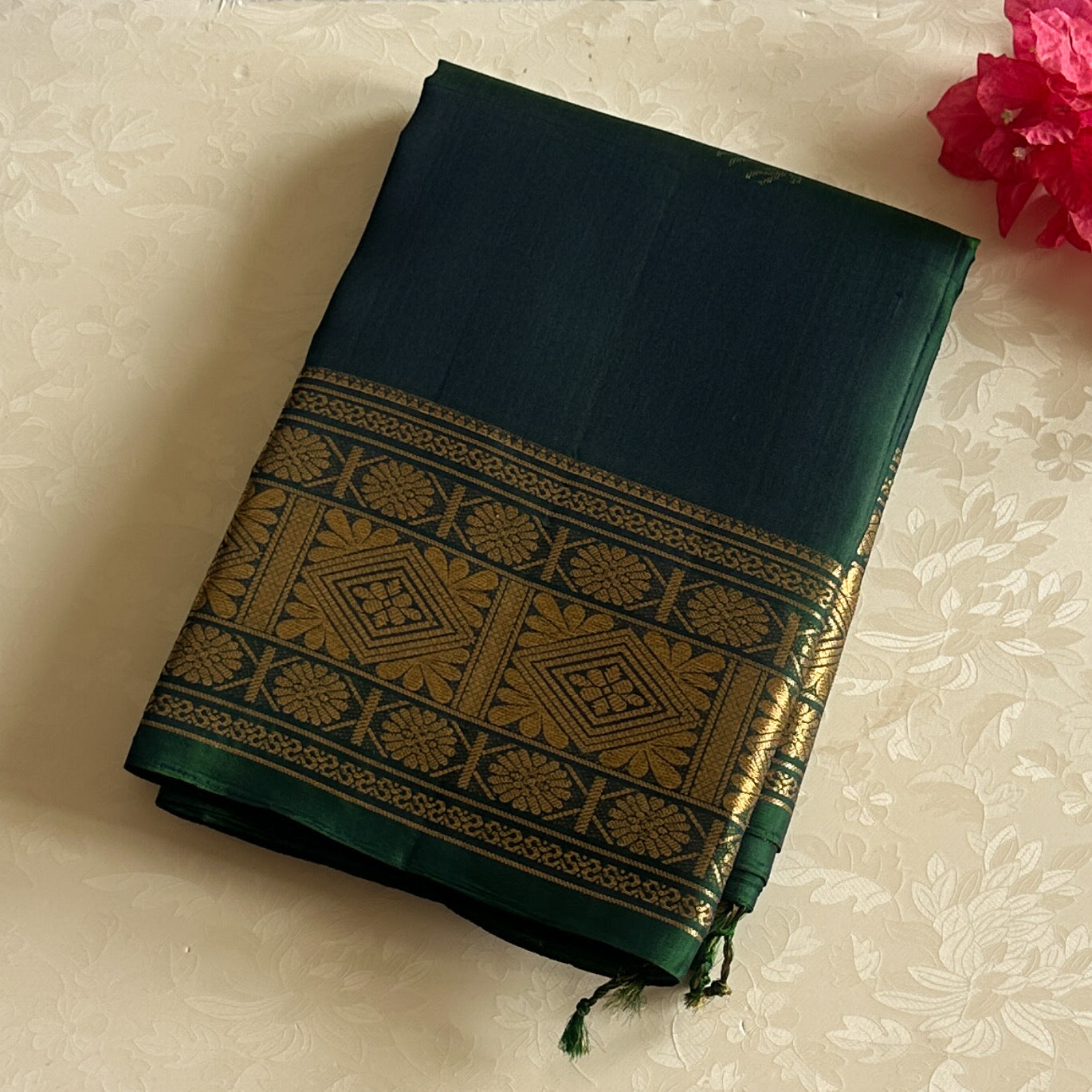 Peacock Teal Elegant Saree Gold Brocade Border Deer Motif Pallu