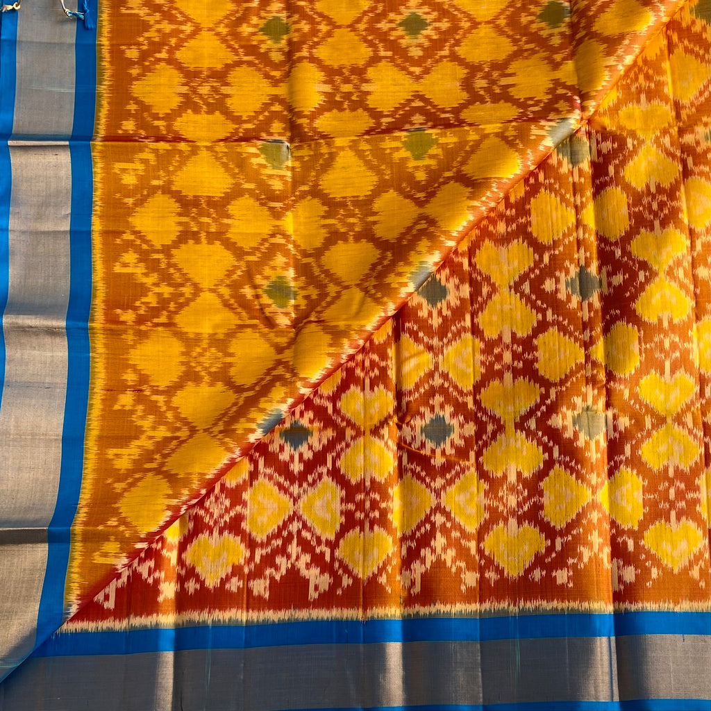 Mustard Burnt Orange with Sky Blue Ikkat Handwoven Designer Pure Silk