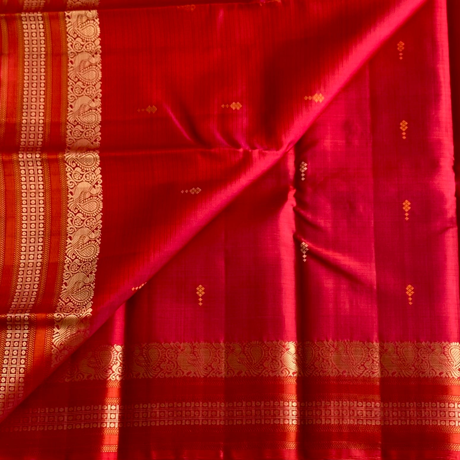 Kanjeevaram Pure Zari Silk Tomato Reddish Pink With Burnt Orange Borders