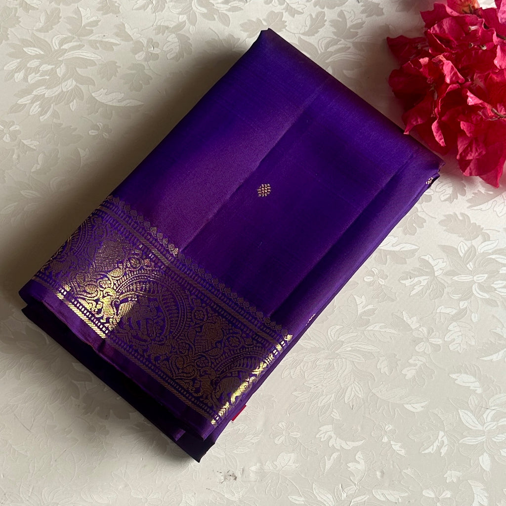 Royal Purple Kanjeevaram Pure Zari Silk Saree With Classic Gold Medallion Border
