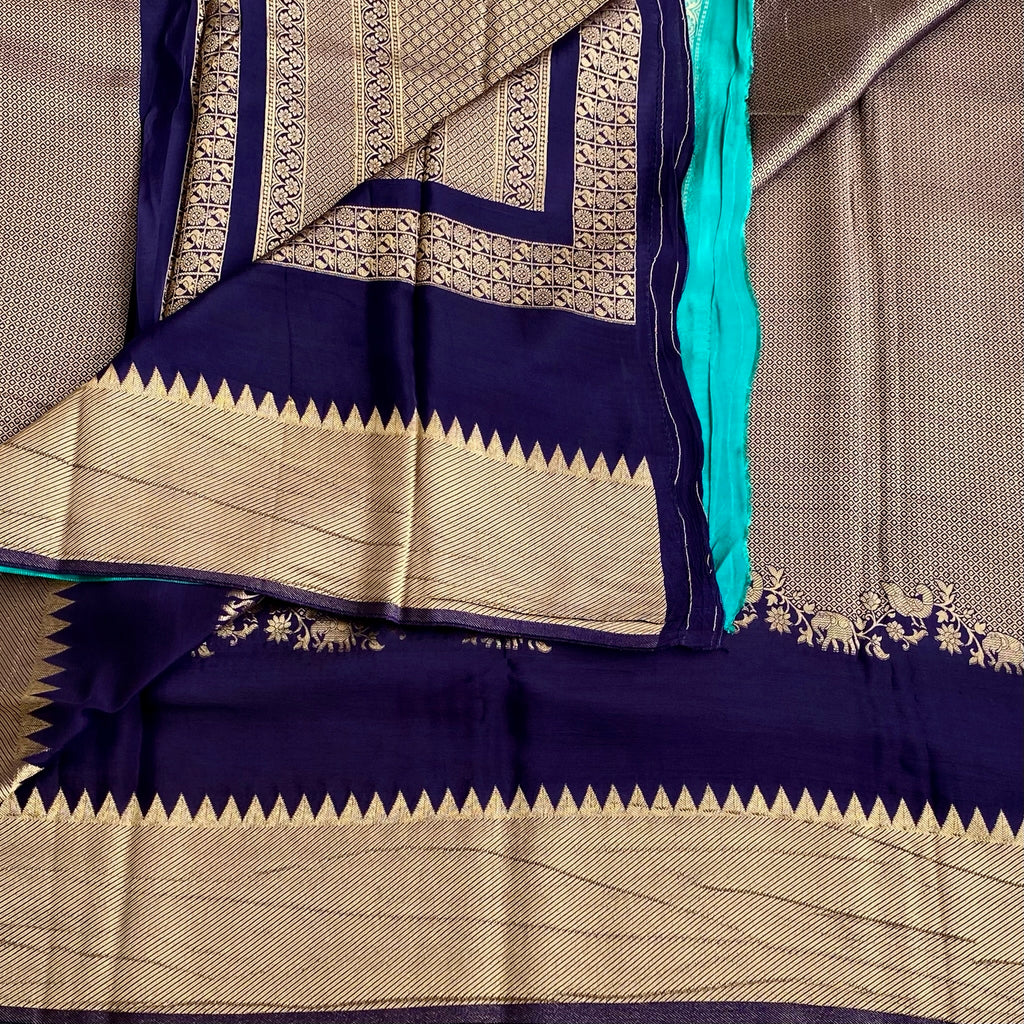 Navy Blue With Turquoise Soft Tussar Silk Saree Antique Gold Floral Pallu