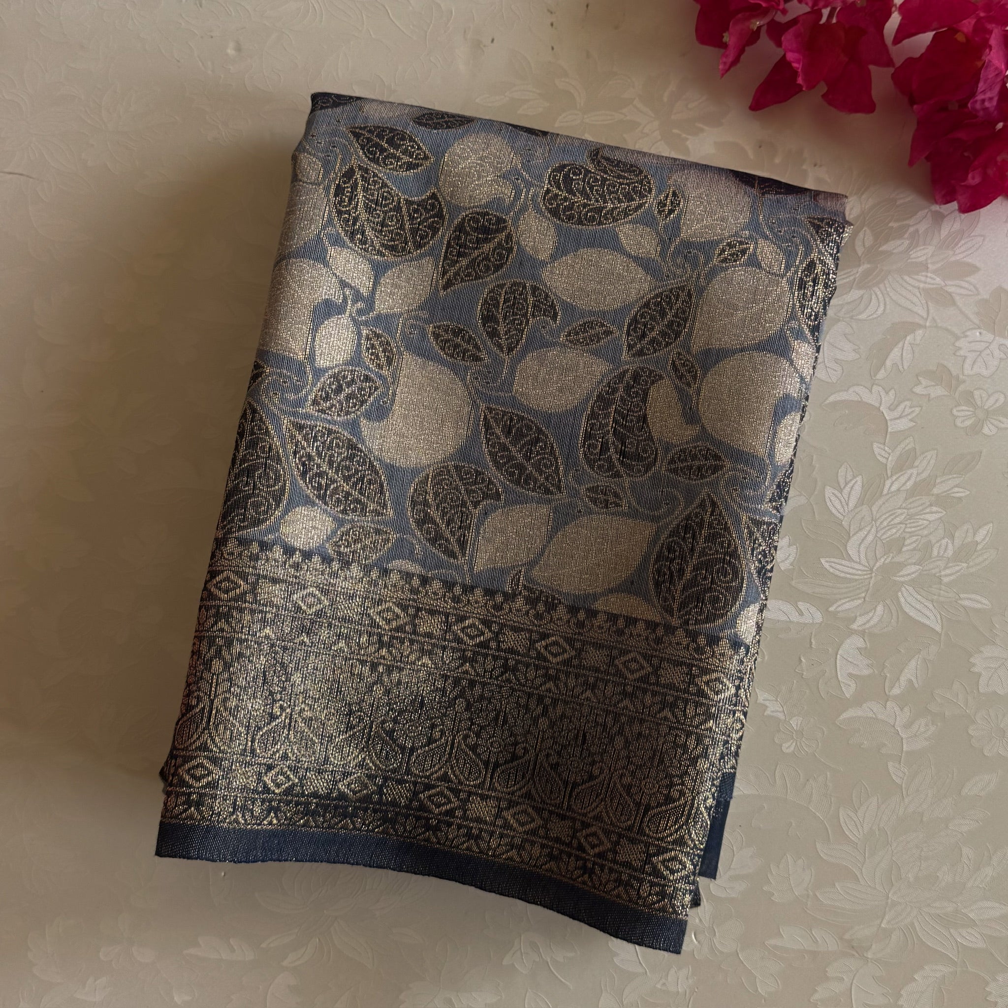 Navy Blue Gold Brocade Saree Geometric Medallion Leaf Motif