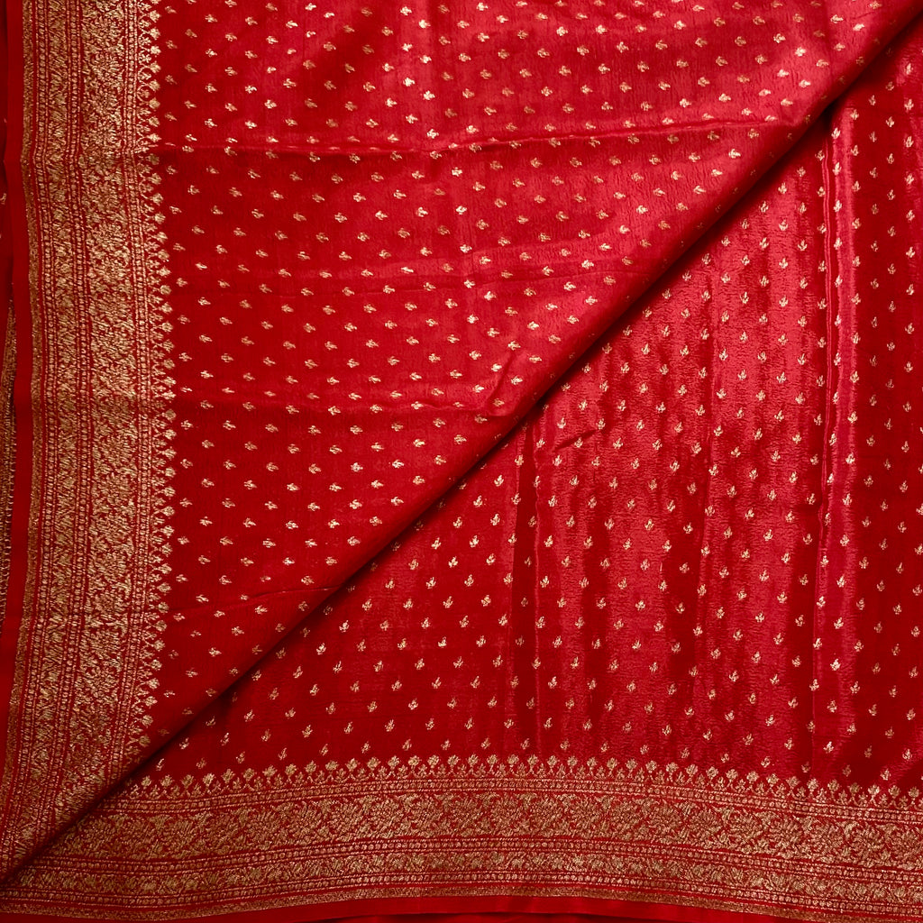 Elegant Ruby Red Saree Gold Brocade Wide Border Floral Pallu