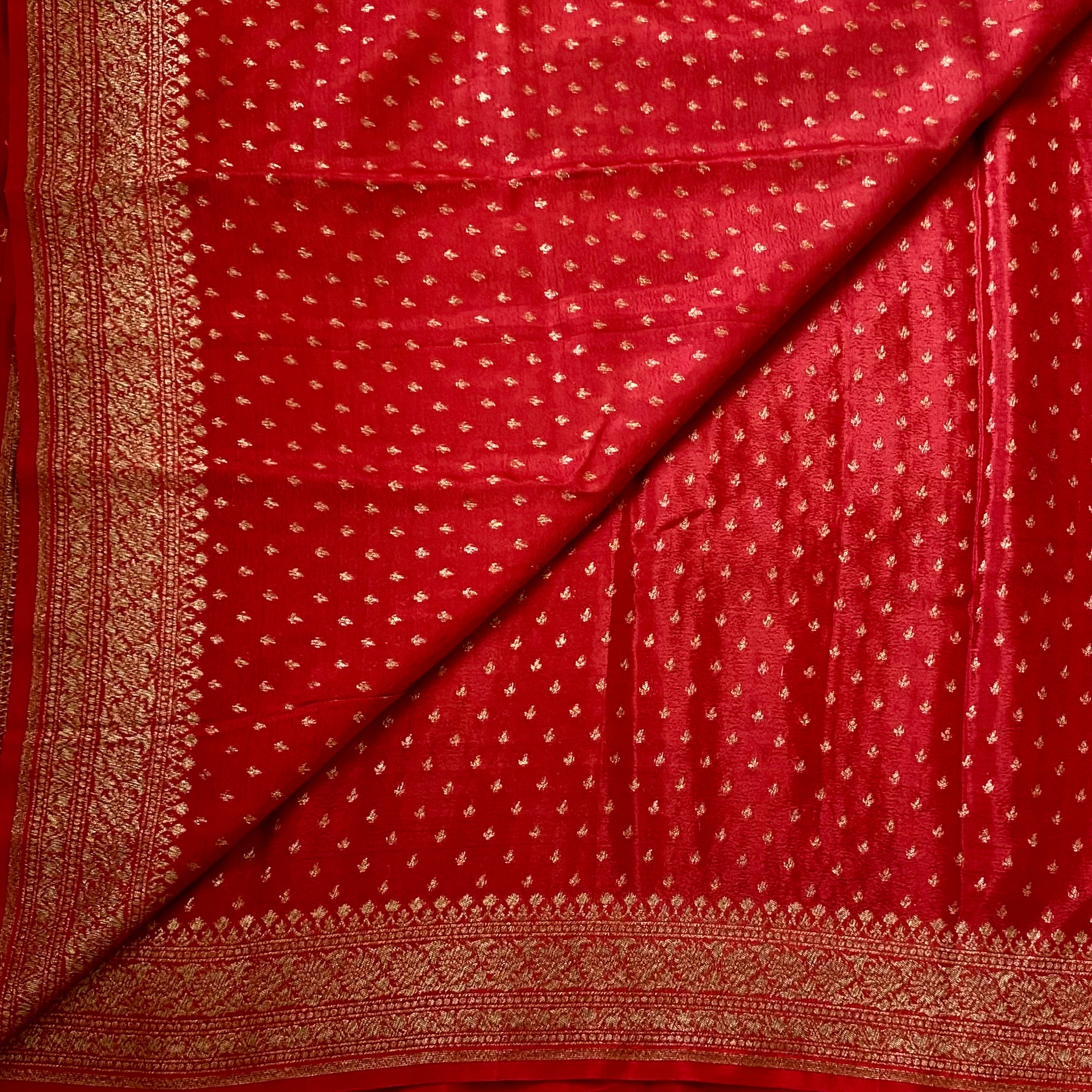 Elegant Ruby Red Saree Gold Brocade Wide Border Floral Pallu