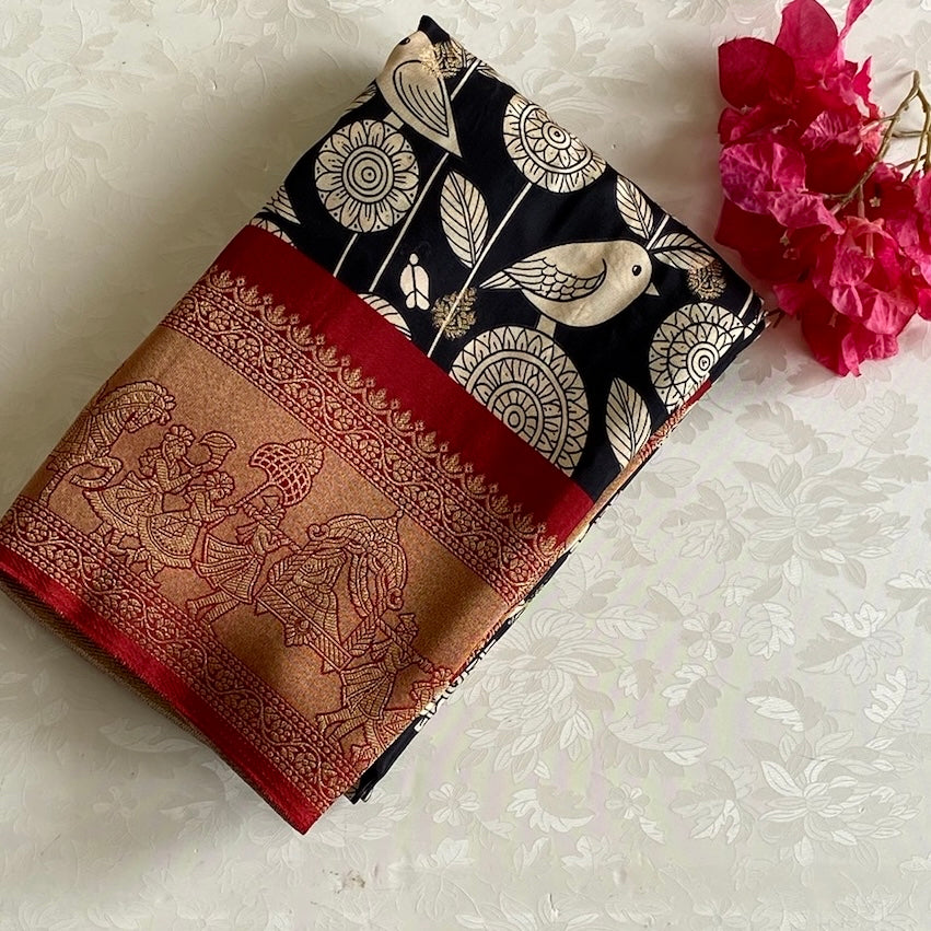Stunner Kalamkari Black n White Designer Premium Soft Tussar
