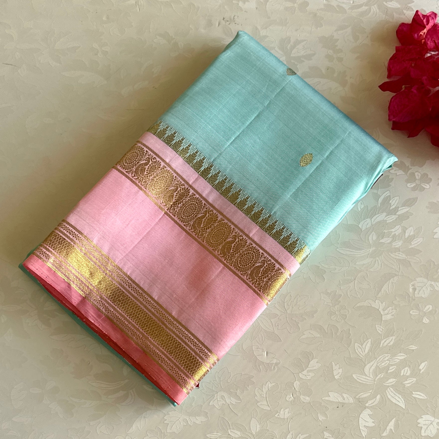 Lustrous Sky Blue Kanjeevaram Pure Zari Silk Saree With Blush Peach borders n Pallu