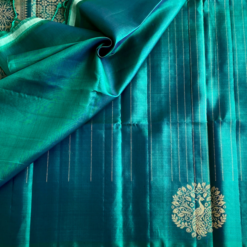 Peacock Blue Designer Pure Silk Saree With Gold Zari Peacock Motifs